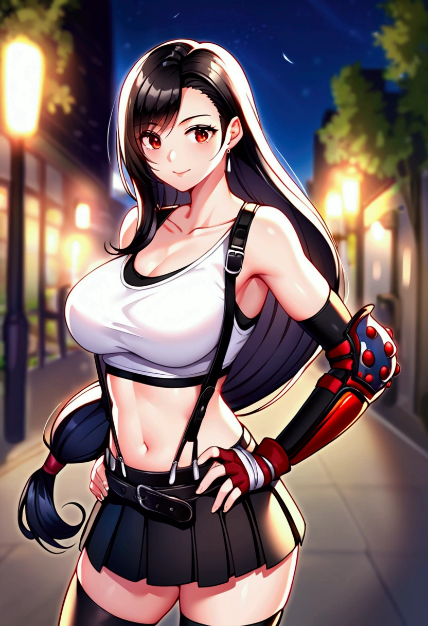 score_9,score_8_up,score_7_up,source_anime, masterpiece, best quality:1.2, recent, perfect anatomy, very aesthetic,(beautiful).straight-on,soro focus,cowboy shot,Solo,1girl, tifa lockhart, final fantasy,black hair, low-tied long hair, red eyes, bangs, white tank top,gap,((High exposure)),belt, pleated skirt, thighhighs, elbow fingerless gloves, elbow pads, midriff, navel,suspenders.skirt,slender waist,(large_breasts),light smile,citystreet,night sky,night, (depth of field)、great lighting,hand on hip