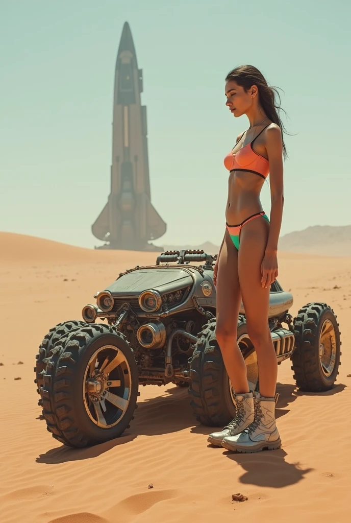cute alien (brightly colored skin, swimsuit, sweaty, excellent shape, big breasts) girl riding a merchant bicycle outside of Jabba's palace on tattooine (desert world)