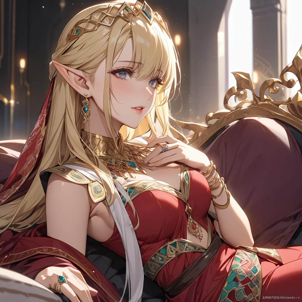 ((Best Quality)), ((masterpiece)), (detailed), （Perfect Face）、The high elf woman is Seras Ashlain, a blonde medium-length haired high elf wearing a Saudi Arabian costume, gorgeous jewelry accessories, and an engagement ring.