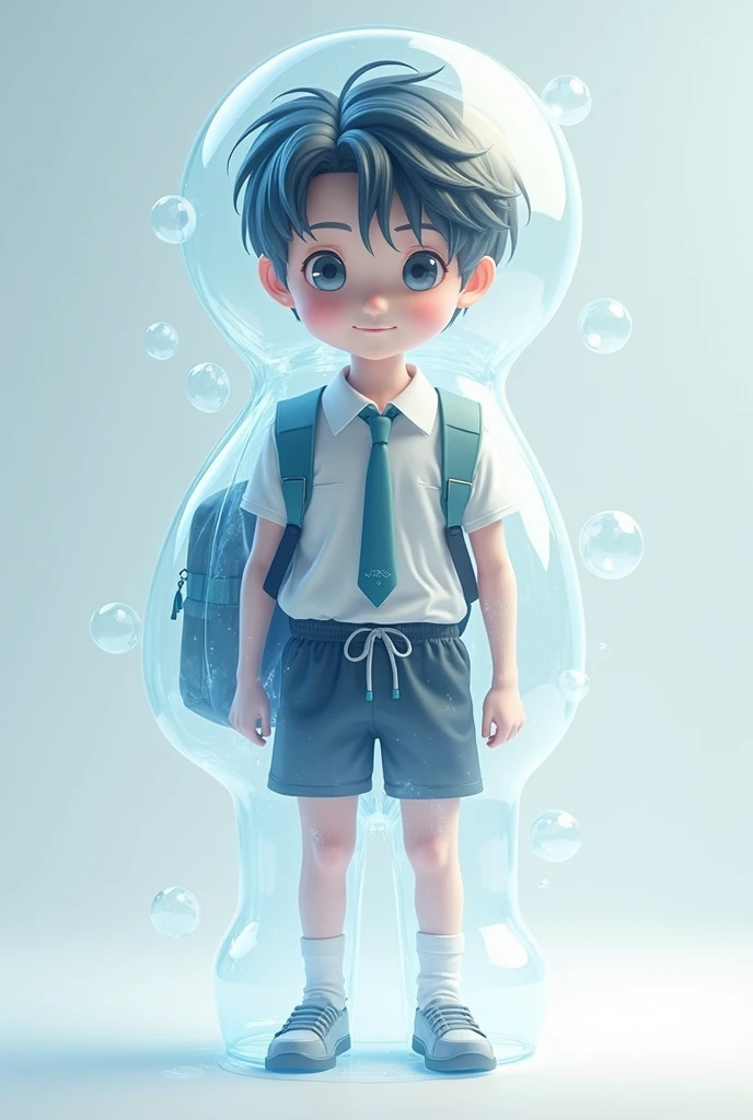 A boy bursting a large balloon, in a classroom.