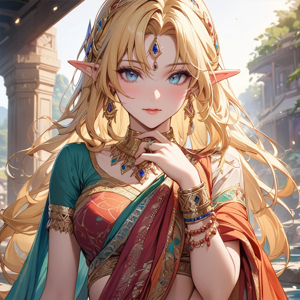 ((Best Quality)), ((masterpiece)), (detailed), （Perfect Face）、The high elf woman is Seras Ashlain, a blonde, medium-long-haired high elf wearing a colorful Indian traditional sari, gorgeous jewelry and an engagement ring.