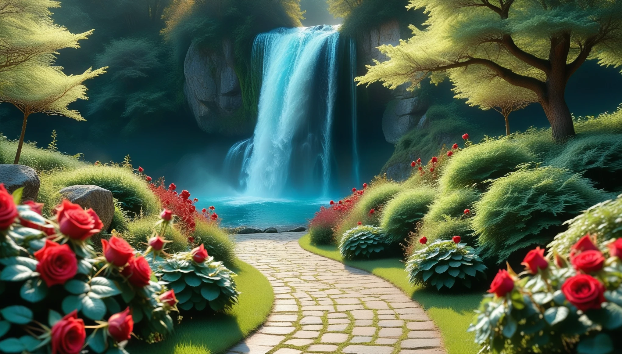 Forest Massif Green Fir Trees, Grass Green, Very beautiful path of stones, border, Bench, Fountain Anthill with Golden Patterns and Emerald Stones, The water flows crystal clear, Cherry Berries Very Colorful Fruits, woman with a Bow, Very Sexy Beautiful,((Dressed in a Beautiful Outfit Magic Patterns very low cut, Colors deep blue Velvet)) , Very Beautiful Voluminous Hair pig tails Into A blonde Ocean Color, Fluttering in the Wind, clusters of deep red roses, and a waterfall, many small details, masterpiece, very beautiful view, Colorful Colors, Magic and sorcery,score_9, score_8_up, score_7_up, dramatic lighting, highly detailed, high budget, bokeh, cinemascope, moody, epic, gorgeous, film grain, grainy, masterpiece, best quality, perfect anatomy, very aesthetic, official art, 8k, Shine, novuschroma70 style, hkmagic,