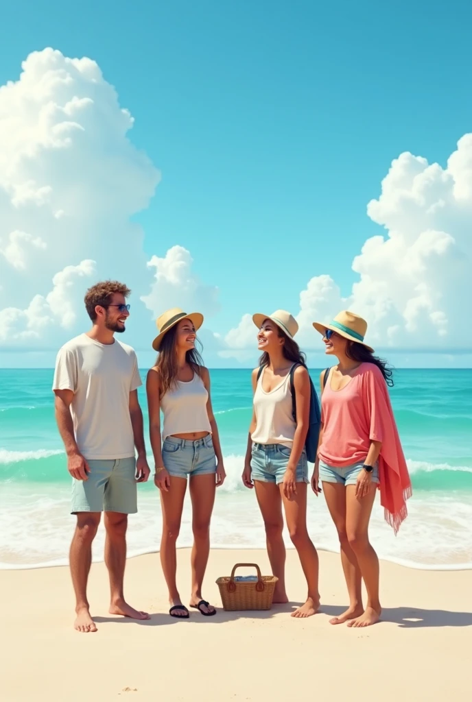 High quality illustrations,6 men and women(2 men,4 women)group, Group illustration,Cool, Summer vacation, Ocean, Detailed Art, beautiful painting style, The Style, masterpiece, Top Quality, Highest quality, Ultra-high resolution