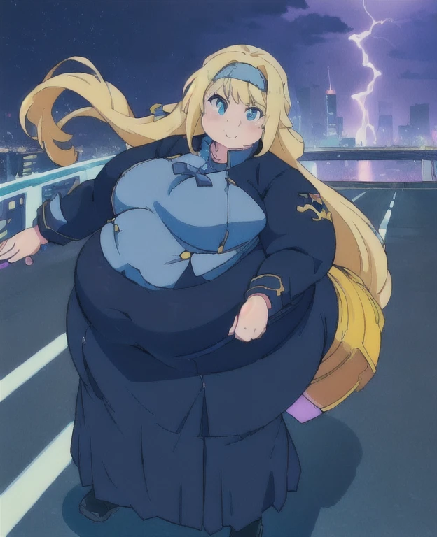 ((best quality, 4k, 8k, anime girl, masterpiece)), ((((beautiful extremely detailed face, beautiful eyes)))), blue eyes, cinematic lighting, perfect anatomy, ((alice synthesis thirty)), (((chubby, SSBBW, very obese, very wide waist, thick waist))), (((navy buttoned coat, long skirt, JK uniform))), (full body view), ((blonde, glowing hair, long hair, blue headband)), (((very wide waist, thick waist))), ((fully clothed)), slight smile, ((city lights, highway, bridge, lightning)), ((thick outlines, anime style, vibrant colours)), smile, hands on belly,