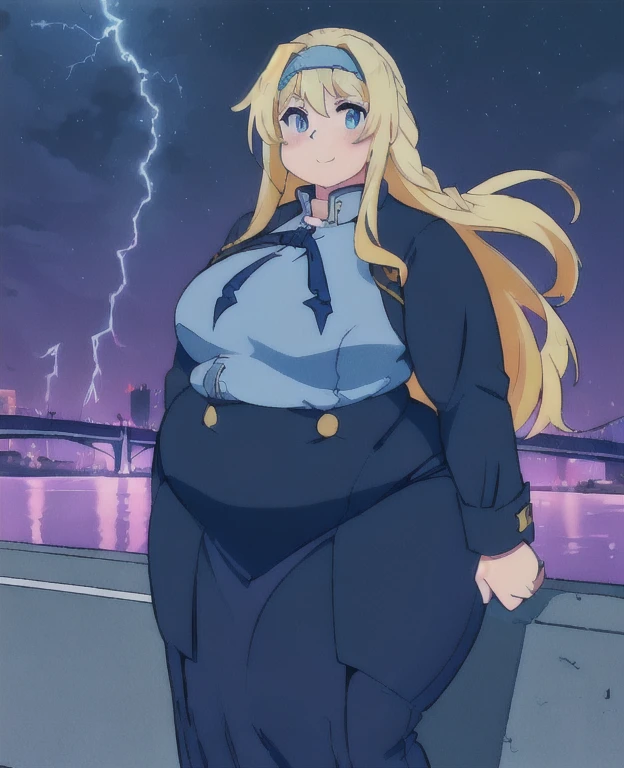 ((best quality, 4k, 8k, anime girl, masterpiece)), ((((beautiful extremely detailed face, beautiful eyes)))), blue eyes, cinematic lighting, perfect anatomy, ((alice synthesis thirty)), (((chubby, SSBBW, very obese, very wide waist, thick waist))), (((navy buttoned coat, long skirt, JK uniform))), (full body view), ((blonde, glowing hair, long hair, blue headband)), (((very wide waist, thick waist))), ((fully clothed)), slight smile, ((city lights, highway, bridge, lightning)), ((thick outlines, anime style, vibrant colours)), smile, hands on belly,