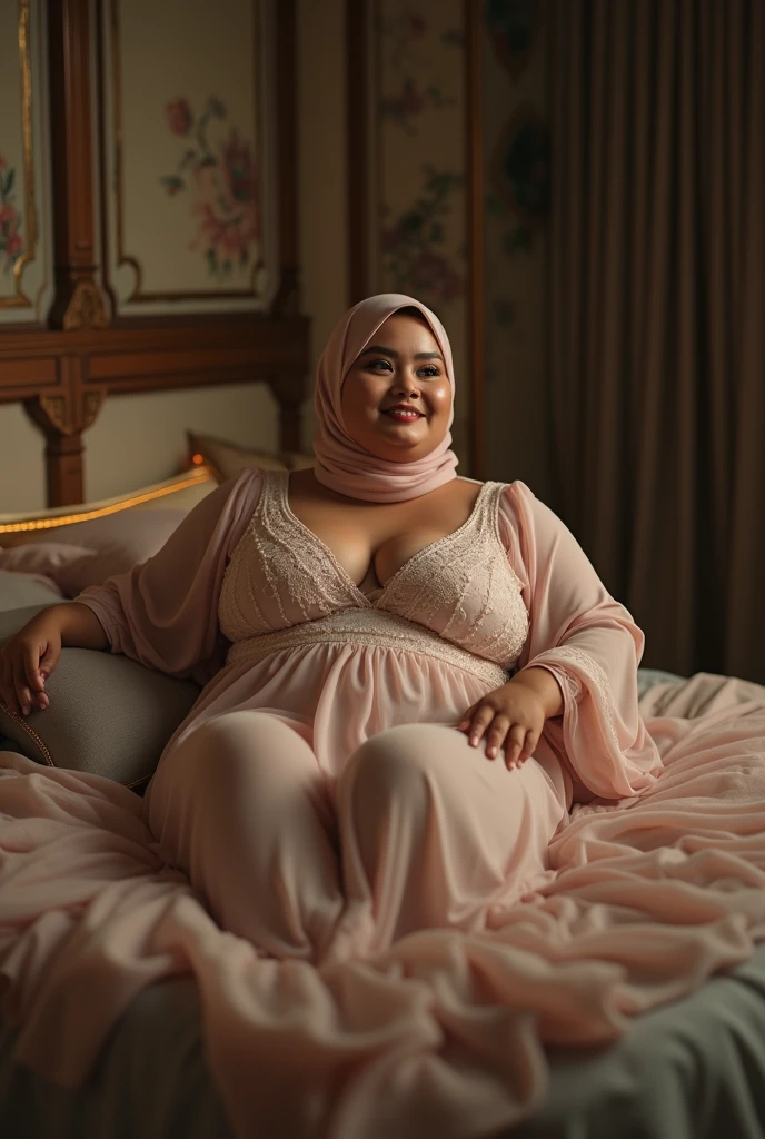 Big ass chubby hijab woman bend over on her bed, view from her back, panty lines visible in her long robes, she looking back at you with her tongue out