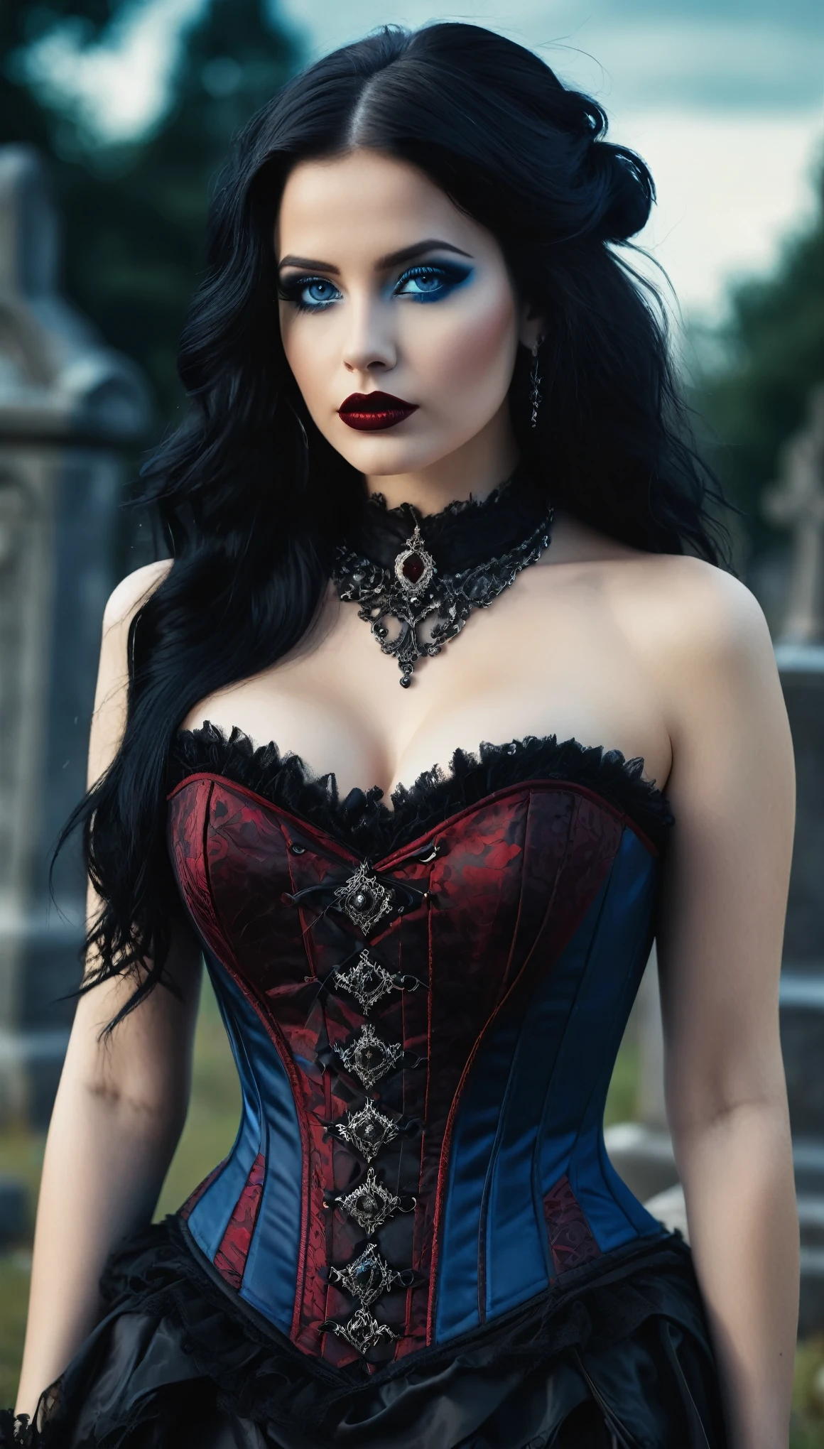 A beautiful woman, hourglass figure, large breast , long black hair, black lipstick, blue eyes, seductive Goth style with Goth jewelry, wearing a (ornate Victorian corset in Duotone [red and black] style:1.3), standing in a cemetery  in the early at night under a full moon, (Fogcore style:1.3), (full body:1.3), hyper realism, 8k high definition, vibrant colors, sharp focus, insanely detailed