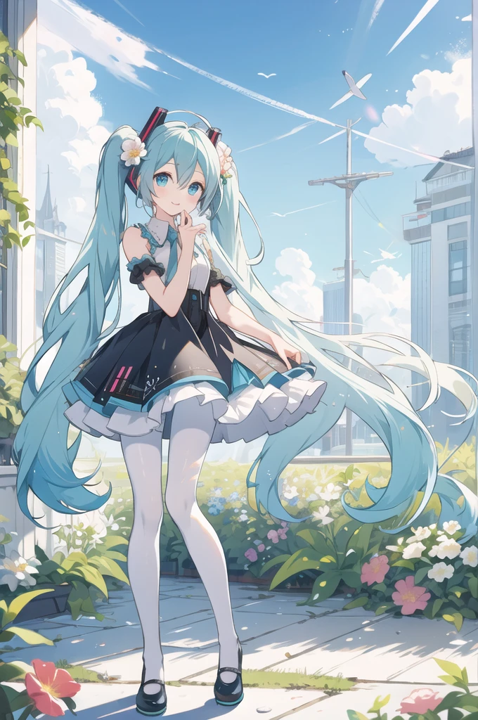 (masterpiece), (best quality), (4k resolution), (anatomy; perfect), character Hatsune Miku, 1 girl, light skin, blue eyes, (big blue hair), (locks, bangs), tied hair of both sides, (hair lighting effects), eyebrow, nose, ear, mouth, lips, long sleeve blouse, short skirt, tights, (medium chest), (perfect waist), thick legs, thick thighs, background scenery, effect water, blue background, water, water bubble, all water
