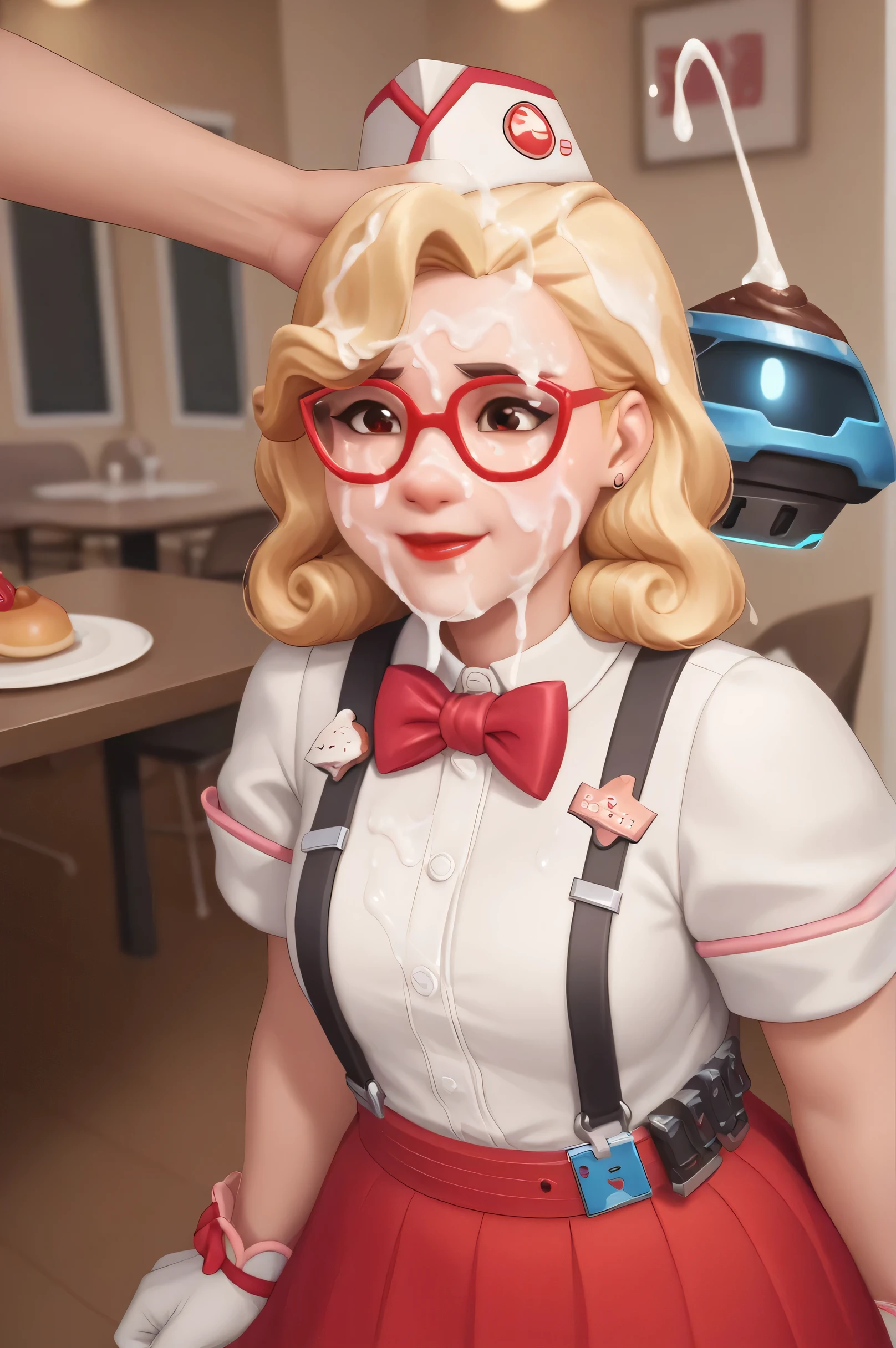 score_9, score_8_up, score_7_up, 1girl, sprinkles mei, mei (overwatch), red skirt, hat, white shirt, buttoned up shirt, red bowtie, white gloves, fully clothed, red lipstick,   in a 50´s restaurant, cum on face, excessive cum, messy face, glossy face, sticky, cum in hair, bukkake, cum drenched, cum shot, semen covered face, cum in hair, facial, , projectile cum, excessive cum, cum in mouth, cum on hair, cum on body, cum on clothes, cumdrip, cum string, bukkake, smile