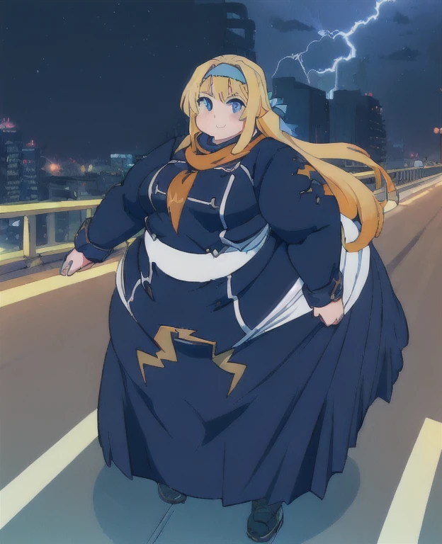 ((best quality, 4k, 8k, anime girl, masterpiece)), ((((beautiful extremely detailed face, beautiful eyes)))), blue eyes, cinematic lighting, perfect anatomy, ((alice synthesis thirty)), (((chubby, SSBBW, very obese, very wide waist, thick waist))), (((navy buttoned coat, orange scarf, long skirt, JK uniform))), (full body view), ((blonde, glowing hair, long hair, blue headband)), (((very wide waist, thick waist))), ((fully clothed)), slight smile, ((city lights, highway, bridge, lightning)), ((thick outlines, anime style, vibrant colours)), smile, hands in pocket,