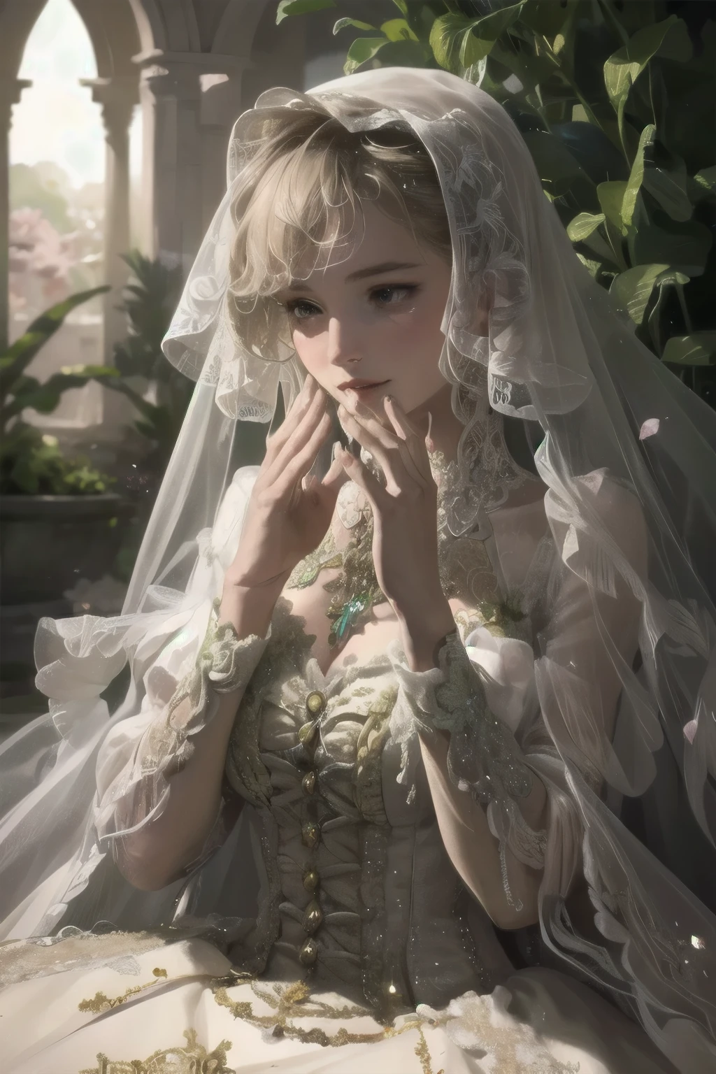 A young girl in a lush, mossy garden, her delicate dress flowing around her like petals, waiting for the night. A fluffy rabbit hops onto her lap, curling up contentedly.
1girl, graceful, elegant, soft mossy bed, flowing petal-like dress, fluffy rabbit, satisfied expression, night setting, detailed face, beautiful eyes, detailed lips, detailed hands and fingers, intricate details, photorealistic, highly detailed, 8k, masterpiece, vibrant colors, dramatic lighting, ethereal, fantasy, whimsical