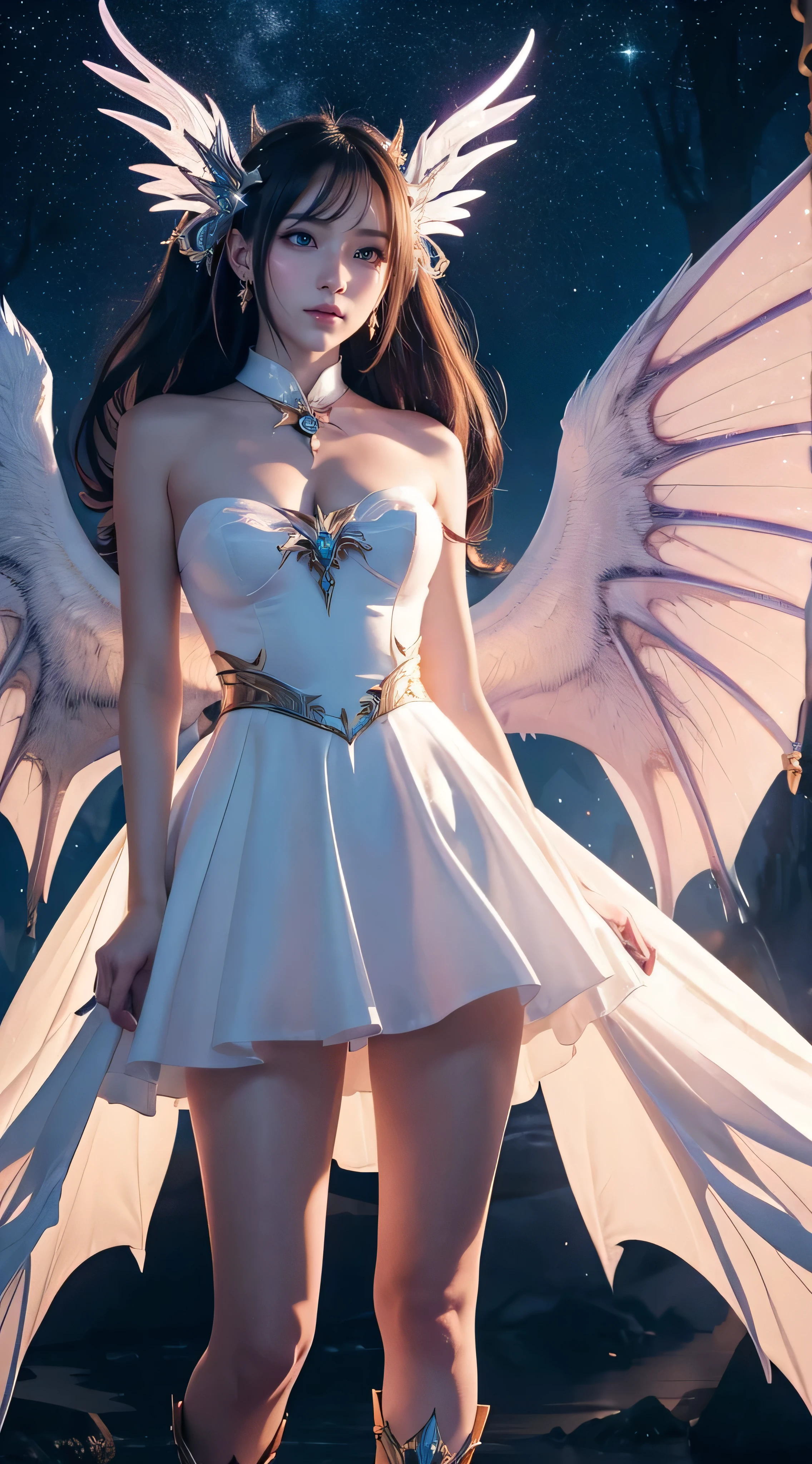 Ultra-realistic 8K CG, perfect face, perfect, clean, masterpiece, professional artwork, famous artwork, perfect face, beautiful face, beautiful eyes, purple cleric suit, lace, open brests, beautiful purple clothes, black wings, delicate pattern, fantastic pose, Fascinating, galactic space background, big moon in the back, flapping wings