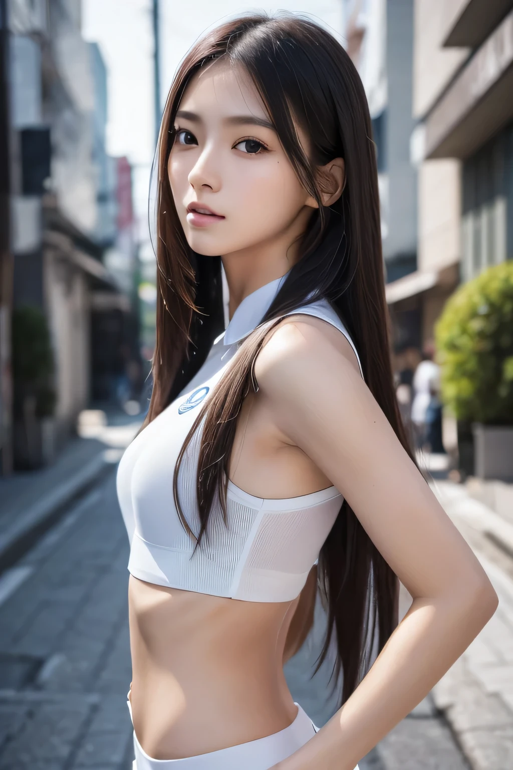 (best quality, Masterpiece, colorful, Dynamic angle, highest details)(Asuka Langley), Upper body photograph, Action photography of cute black-haired girl (Alita Battle Angel), dressing high details Evangelion white suit (High-resolution textures), In dynamic poses, Bokeh, (detailsที่ซับซ้อน, hyperdetails:1.15), details, sunlight shining through hair, (poster art background), (official art, extreme details, highest details),