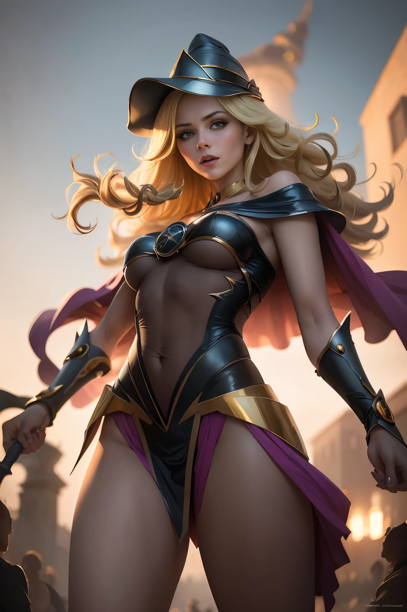 (8K,Photorealistic　Raw Photography　The highest quality;1.4) 　(1 girl in)　Super beauty　(realistic face)　Female body 　(Blonde with long curls)　Hold a black and red magic wand　combat scene　Magic hat with black and gold exterior.　Beautiful expression　dazzling　(Real looking skin)　(Dark mages)　tempting　super high resolution　A hyperrealist　High detail　full body photo　remains