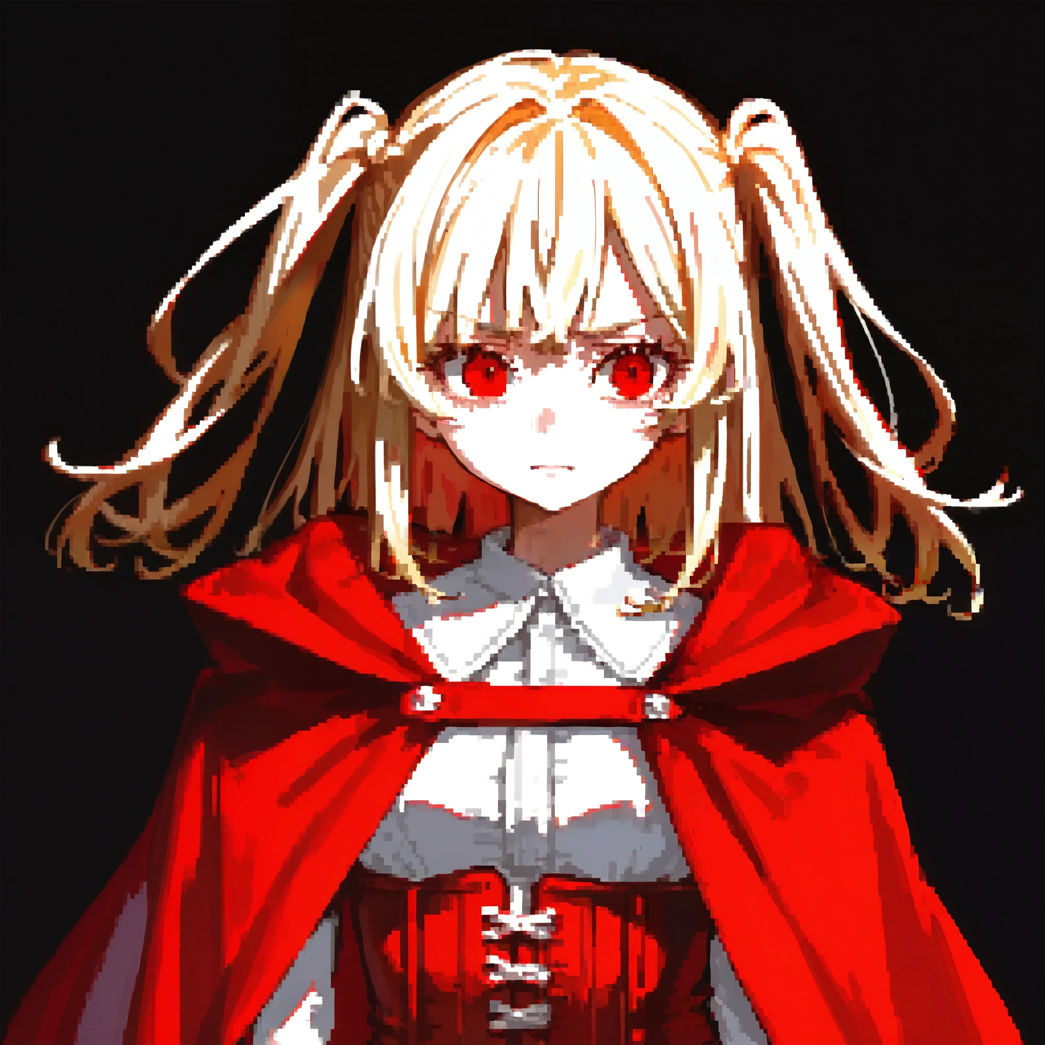 (1girl, solo), black background, upper body, Diabolical, Gloomy painting style, Anime Girls, white shirts, red long cape cloak, red corset, blonde, two side up, red eye, facing viewer, Score_9,Score_8,score_7_up,source_anime, rating_questionable,