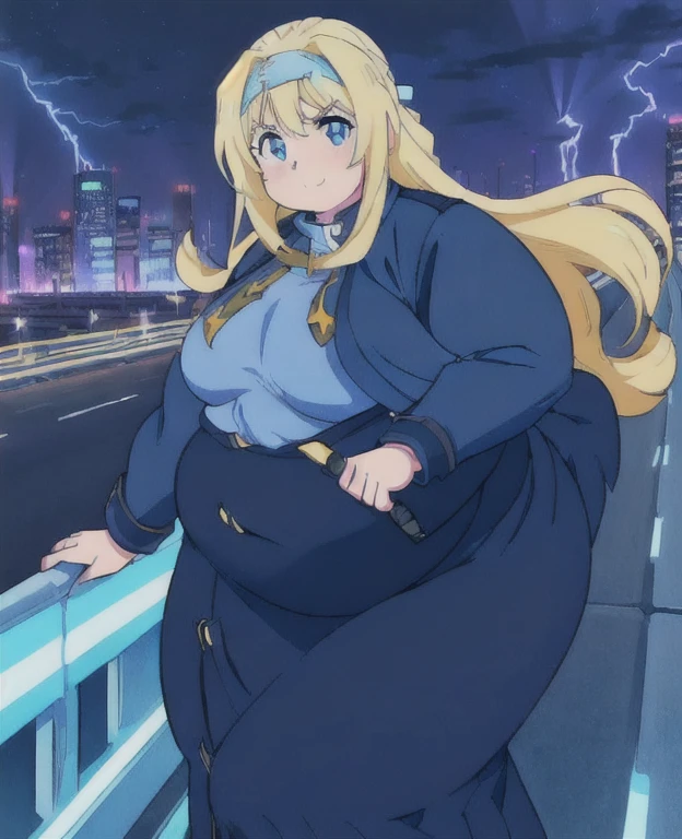 ((best quality, 4k, 8k, anime girl, masterpiece)), ((((beautiful extremely detailed face, beautiful eyes)))), blue eyes, cinematic lighting, perfect anatomy, ((alice synthesis thirty)), (((chubby, SSBBW, very obese, very wide waist, thick waist))), (((navy buttoned coat, long skirt, JK uniform))), (full body view), ((blonde, glowing hair, long hair, blue headband)), (((very wide waist, thick waist))), (((fully clothed))), smile, ((city lights, highway, bridge, lightning)), ((thick outlines, anime style, vibrant colours)),