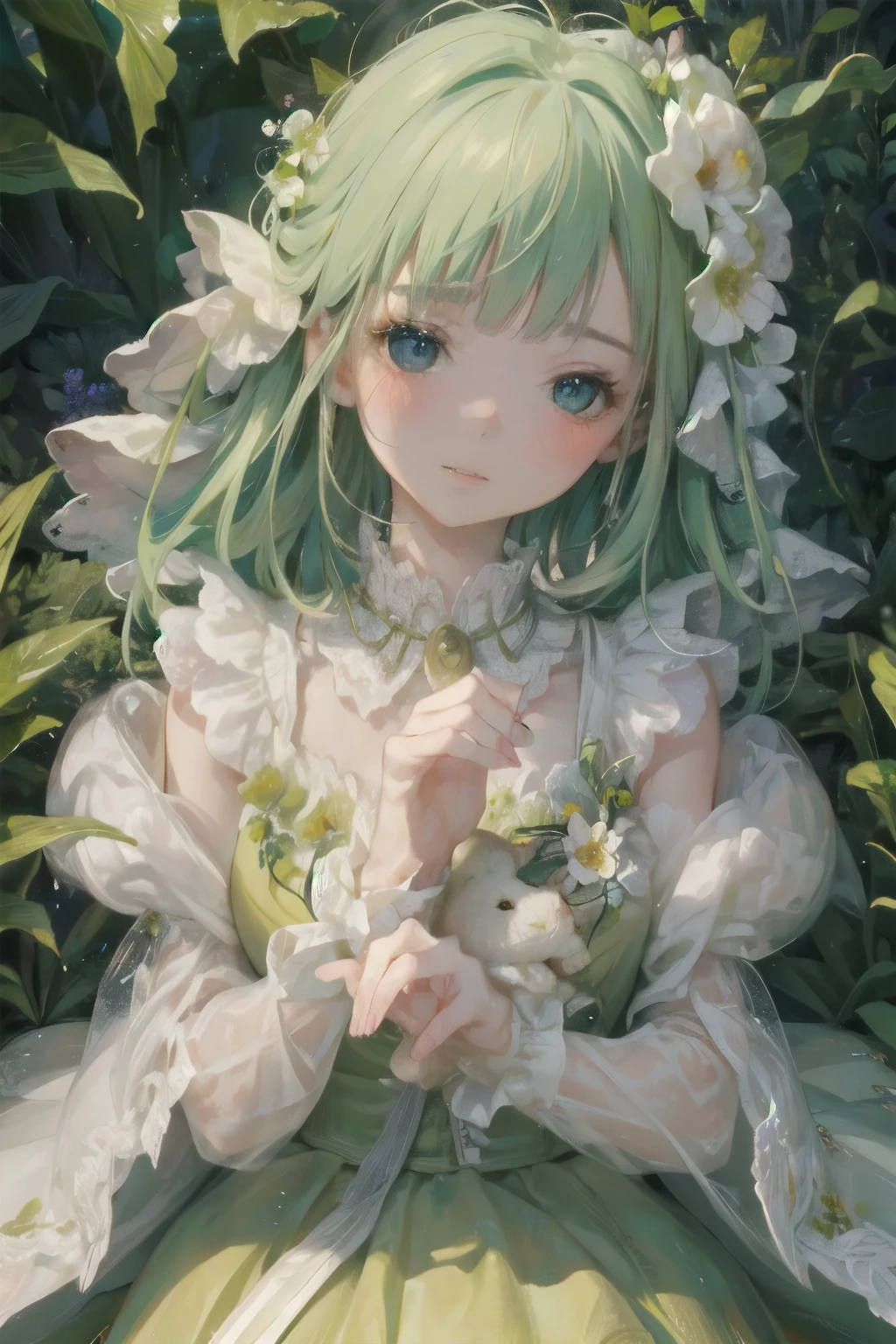 A young girl in a lush, mossy garden, her delicate dress flowing around her like petals, waiting for the night. A fluffy rabbit hops onto her lap, curling up contentedly.
1girl, graceful, elegant, soft mossy bed, flowing petal-like dress, fluffy rabbit, satisfied expression, night setting, detailed face, beautiful eyes, detailed lips, detailed hands and fingers, intricate details, photorealistic, highly detailed, 8k, masterpiece, vibrant colors, dramatic lighting, ethereal, fantasy, whimsical