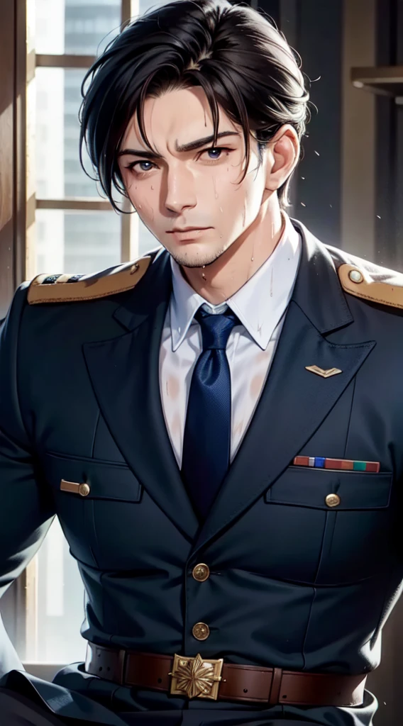 Hector Fay, Ultra high quality cg, Solitary, Looking at the audience, Open your mouth, Sweating, Wet, Drooling, Gloves, 1 man, Upper body, Male focus, tie，shirt， military uniform
