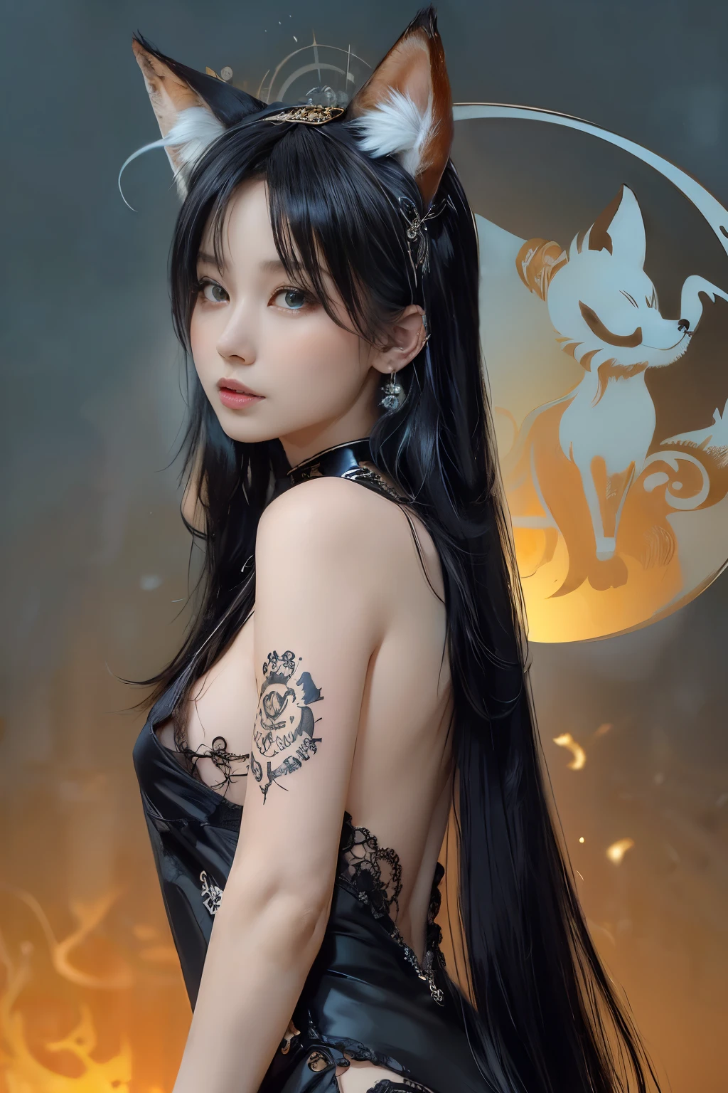 (Absurdly , high quality , Very detailed,View Photographers)、(((Black super straight hair、Fox ears)))、(((Fox God)))、Luxurious black dress，Beautiful details、Fox Godを模した豪華な光沢黒色の衣装、Hair accessories、earrings、Pantyhose、High heel、((Tattoo))、Empress of Empresses、(masterpiece, 最high quality, 最high quality, Official Art, Beauty and aesthetics: 1.2), (one person: 1.3)、(((Sun background)))
