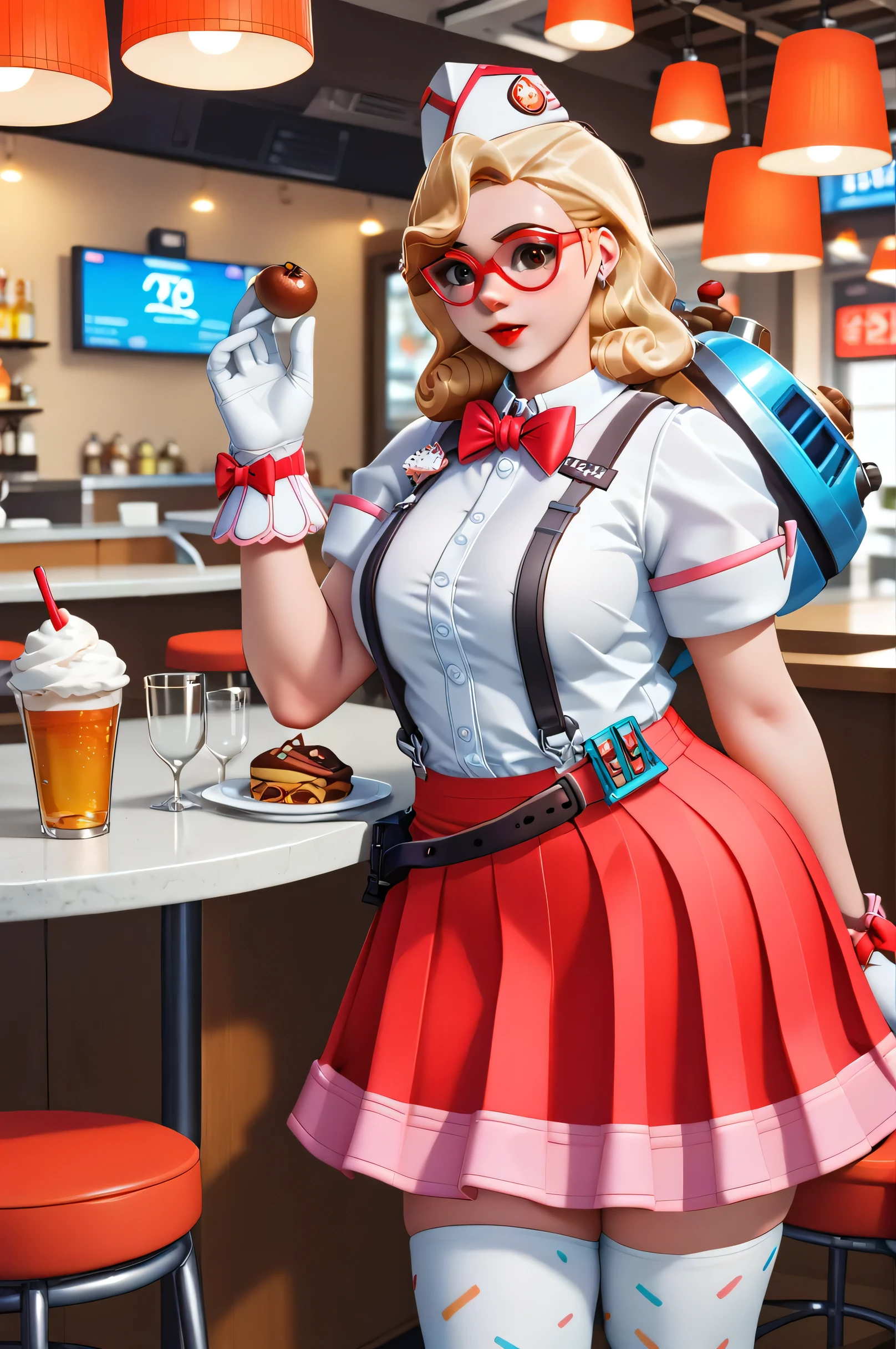 score_9, score_8_up, score_7_up, 1girl, sprinkles mei, mei (overwatch), red skirt, hat, white shirt, buttoned up shirt, red bowtie, white gloves, fully clothed, red lipstick, thighhighs, miniskirt  in a 50´s restaurant