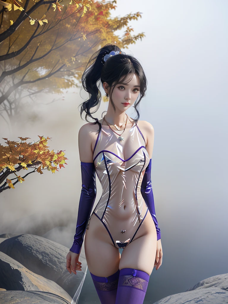 一个有着美丽脸庞的Sexy中国华裔女孩, Wearing avant-garde transparent sci-fi clothes, (((Light theme, Exposing the subject, Sexy主题)))
(((Morning Light, Waterfall Hot Spring, Surrounded by fog, Ginkgo tree in autumn, Fallen Leaves))),
((8K Ultra HD, 8K, Ultra-high resolution, Best quality, Super Fine, Clear focus. Masterpieces, complete pattern, Ultra HD, Detailed photos, Best image quality，Ultra-clear，Delicate facial features，Well-defined, Highly rated works, Close-up depth of field photography, Above the knee, Symmetrical character)), 
((Creating the image of a real girl), Realistic shadows, Soft lighting, Dynamic Angle, Dynamic poses, Elegant Posture, Cowboy lens, Full body front view, Be confident, Facing the camera, Eyes looking towards camera lens, Standing posture, Open your legs slightly, Golden Ratio Graphics, Minimalism, Center the character), 
( Smile, Sexy的, Balanced Eyes, Realistic eyes, Beautiful details of the eyes,Pretty Face, (Realistic face), Normal facial features, Realistic skin, Pay attention to skin details, Skin is clean and radiant, Whitening, Anatomically correct body, Golden ratio figure, Sexy的身材), 
(Perfect makeup, Gloves, earrings, bracelet, necklace, Jewelry, Hair accessories, shawl, sock, Knee socks, 吊garter, Leg ring, garter, 腿部garter), 
((beautiful hair), Dark black hair, Wavy curly hairstyle, Waist-length hair, Messy Hairstyle, Gradient hairstyles, Cyberpunk Hairstyle, High double ponytail hairstyle), 
((Transparent clothes: 1.5), (Revealing clothes: 1.5),  (Wet clothes:1.0), (Color of clothes: Purple blue), ((Wearing transparent clothing)))
(Sexy的, Perfect breast shape, Teardrop chest shape, Snow-white breasts, Very detailed breasts, 34C cup), 
(Super high waist, Deep V, Low-cut, Sexy, Flattering, Open crotch, (Clear camel toe, (High fork strangulation))),
(((Clear outline, Clear underwear, 透明Sexy的穿着)))