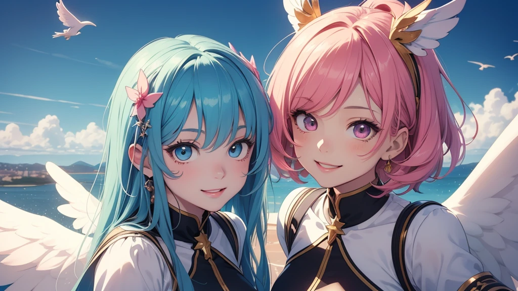 masterpiece, (2girls), couple, ((ram \(re:zero\), (pink hair), (hair tie)), (remrin:1), ramchi, (rem_re_zero, (light blue hair), (hair tie)), (short hair:1.5), (hair over one eye:1.3):1.4), (wearing lush carnival evening dress:1.5), boobs, (funny face expression:1.3), (smiling face:1.2), (detailed body, detailed hands, detailed faces:1.3), (selfie:1.4), (carnival in rio de janeiro:1.3), street procession, (Brazilian carnival background:1.5)