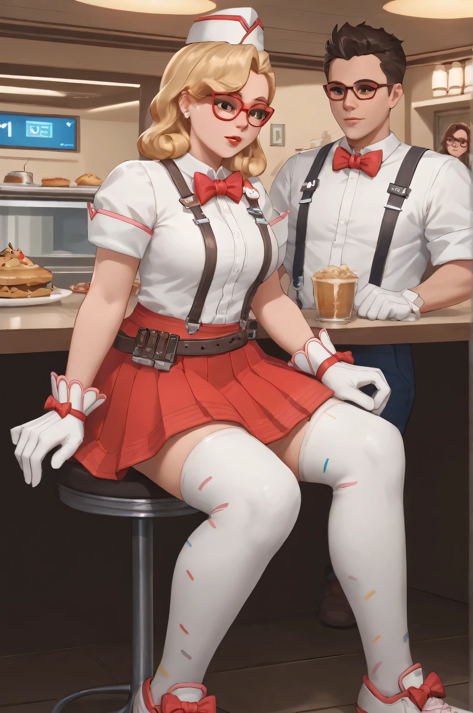 score_9, score_8_up, score_7_up, 1girl, sprinkles mei, mei (overwatch), red skirt, hat, white shirt, buttoned up shirt, red bowtie, white gloves, fully clothed, red lipstick, thighhighs, (((miniskirt))), panties, white shiny thong,  in a 50´s restaurant