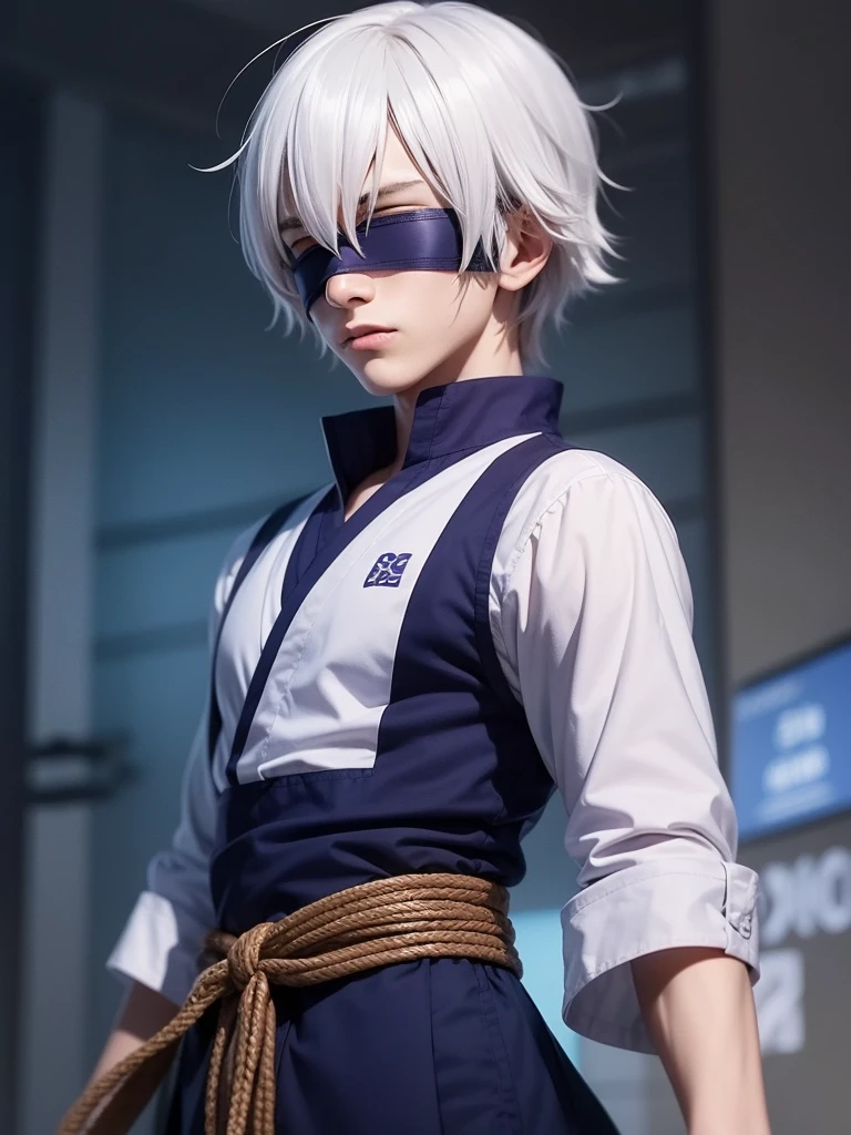 1male, goju Satoru, anime style, dark blue clothes, dark blue blindfold, purple and white hairs, epic background, 8K resolution, extremely detailed, best quality, masterpiece collection, Japanese anime, Gege Akutami