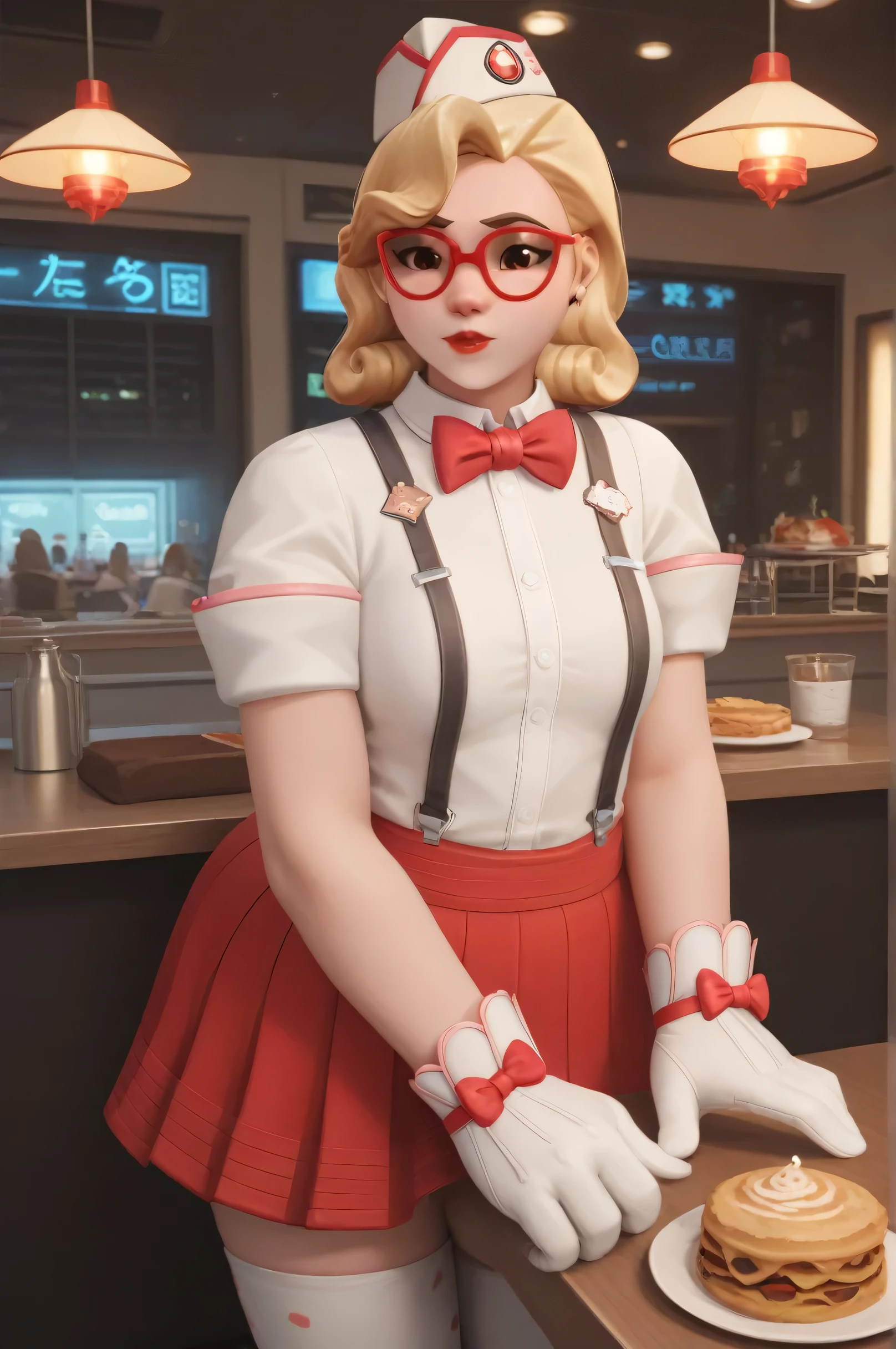 score_9, score_8_up, score_7_up, 1girl, sprinkles mei, mei (overwatch), red skirt, hat, white shirt, buttoned up shirt, red bowtie, white gloves, fully clothed, red lipstick, thighhighs, (((miniskirt))), panties, white shiny thong,  in a 50´s restaurant