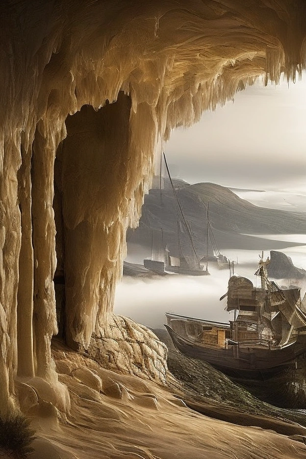 Photography studio exterior layout A view from an old wooden or iron-framed window looking out onto a misty coastline with steep white limestone cliffs and caves. Below, a vintage-style pirate ship with folded sails is anchored close to the cliffs. Inside the window, several wooden chests filled with gold coins are visible, suggesting a treasure. The atmosphere is quiet and mysterious, with a soft fog covering the scene, enhancing the sense of secrecy and adventure. The lighting is subdued, capturing the serene yet enigmatic mood of the moment