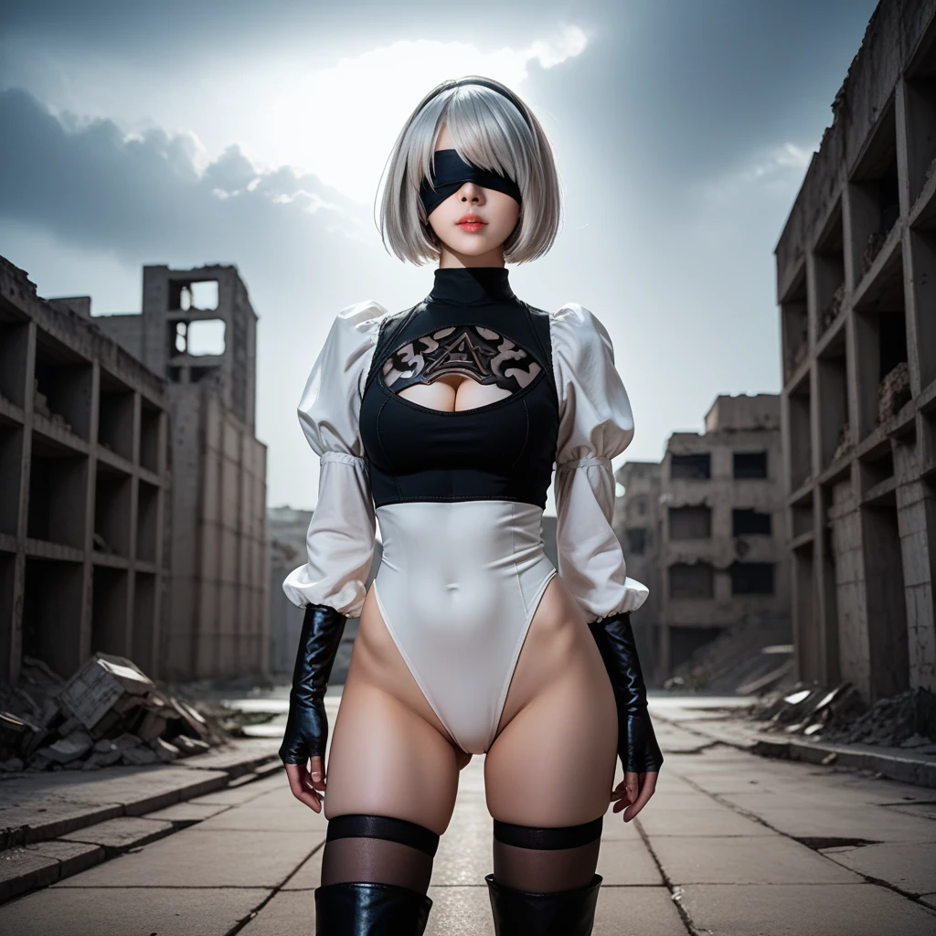 score_9, score_8_up, score_7_up, 32k,masterpiece, highest quality, 
photo realistic, super detail, vibrant colors, chiaroscuro lighting, cinematic lighting,
1 woman, inspired nier automata 2B,
very detailed face, bob cut, silver hair, bangs, mole under mouth, blindfold,
2B leotard dress, cleavage cutout, skirt, thigh-high under boots,
ruins, a ruined world, devastated cities, dark cloudy sky,
seductive pose, dramatic angle,