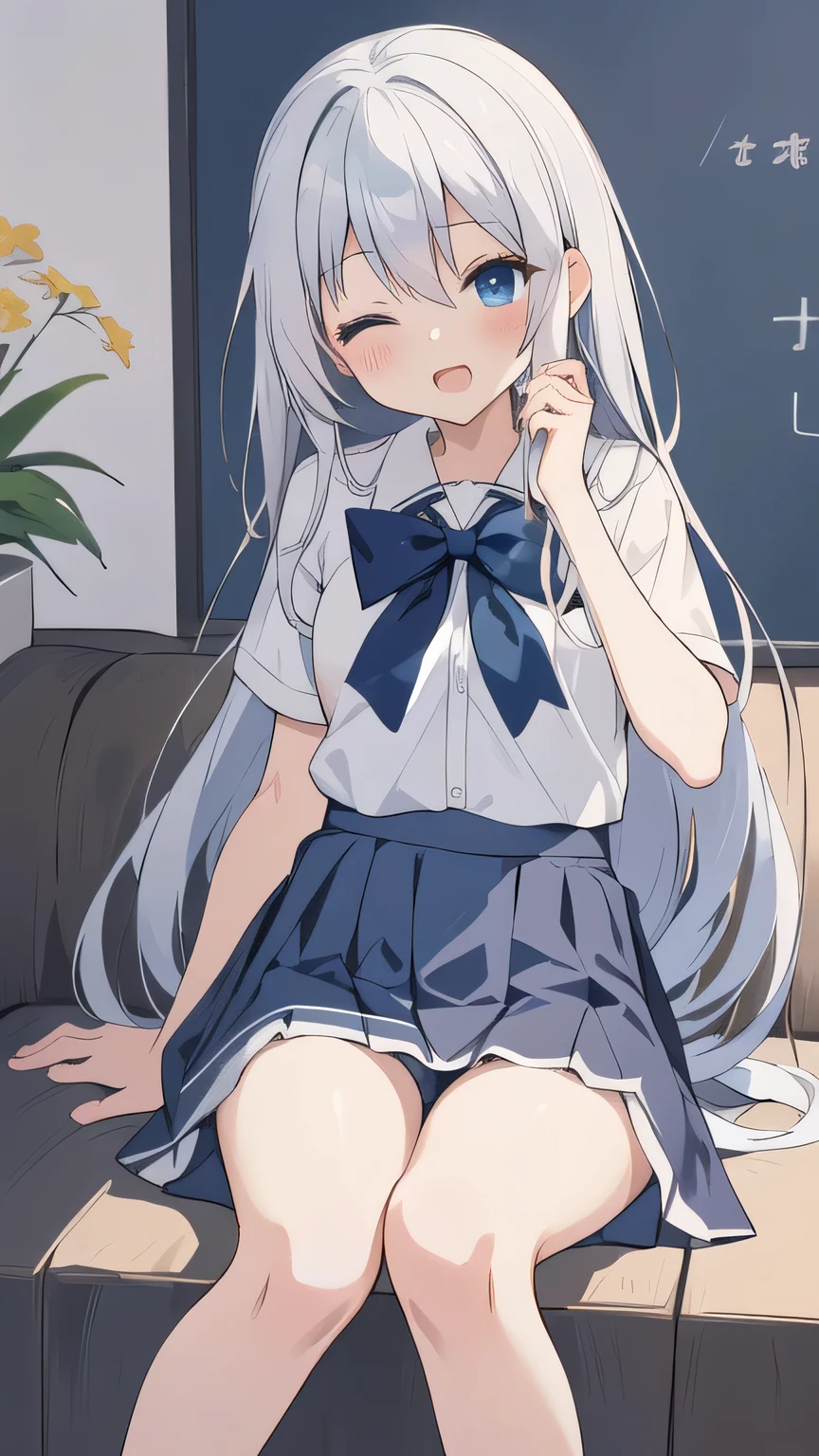 cute girl, アニメ, silver hair, straight hair, Blue eyes, (young:0.9), (small bust:0.5), (cute:1.3), (middle bust:0.8), (cute girl:1.2), cowboy shot, cute, side shot, (Smail:1.3), open mouth, backwards, (white school uniform:1.1), (dark blue skirt:1.6), (ローアングル:1.5), close eyes, (cross legs:1.2), (seduce:1.4) 