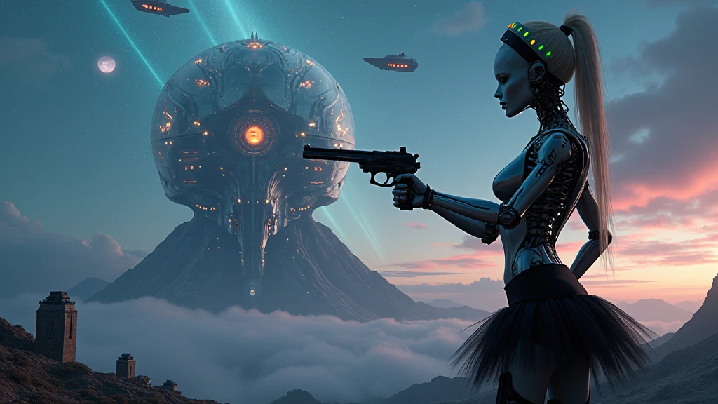 At night, dark sky, aerial view of fantasy cyberpunk style ((Moai-statue)) city, ((flying vehicle)). ((1girl, solo, alone)), photo realistic, medium-breast:1.1 slim body, cleavage, sexy clothes, (black sunglasses), (((hip-up standing and pistol aiming pose))), half-body thigh level medium shot, cinematic lighting.