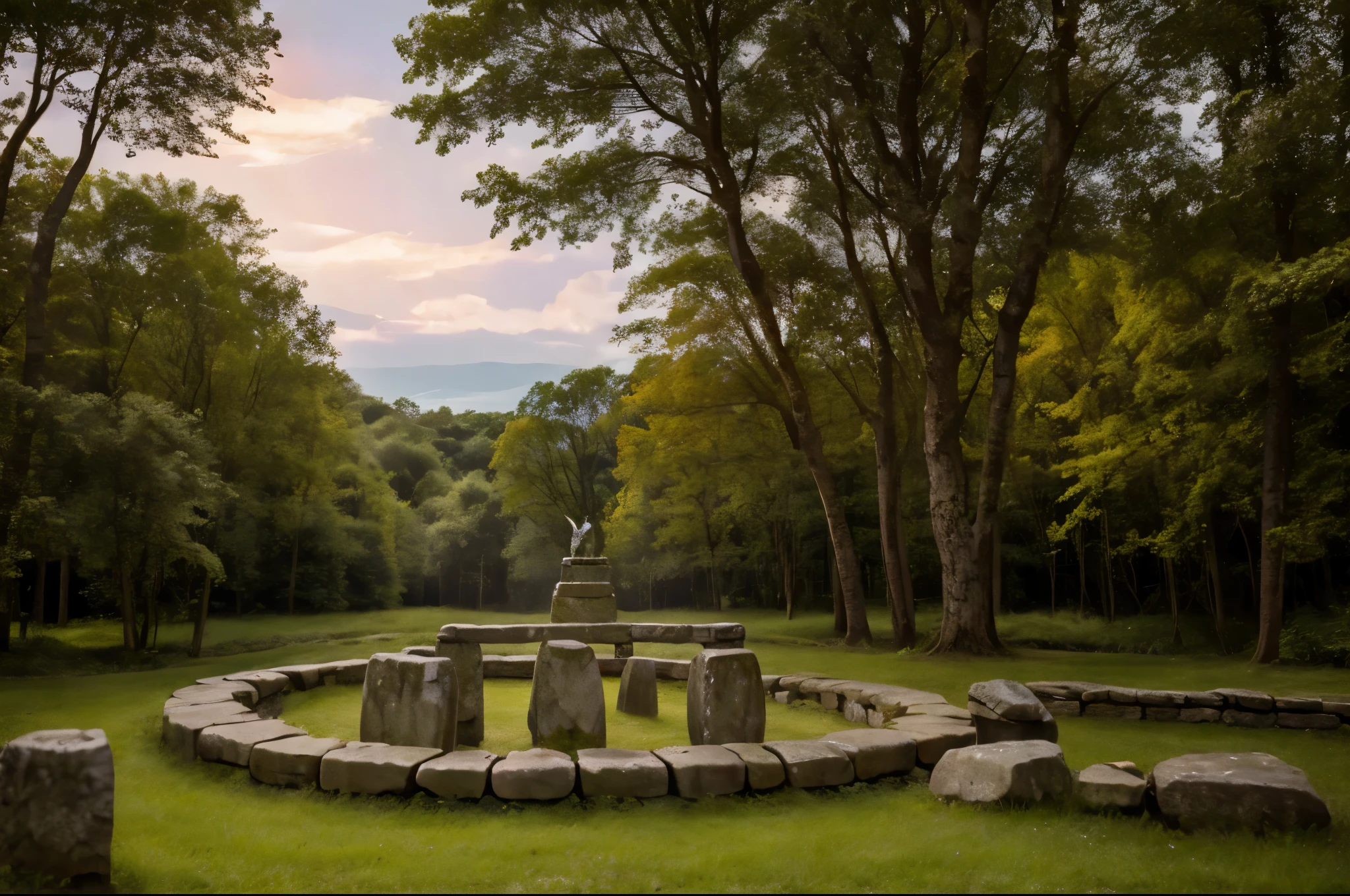 Create the Celtic goddess Cerridwen with red hair and a Celtic torque around her neck on the edge of her magic cauldron in the center of a stone circle like Stonehenge in a landscape like a magical forest.