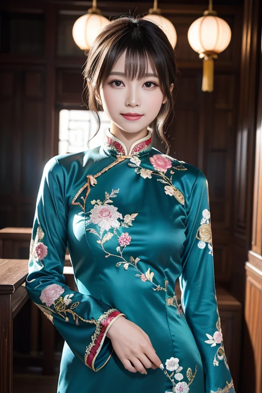 (bestquality, 8k, highres),1girls,shrubs,Girl-Girl,china dress,chinese clothes,hair flower,(masterpiece:1.4),(bestquality:1.4),(oily shiny skin),Red lips,looking at the audience,Big breasts,cleft lip,