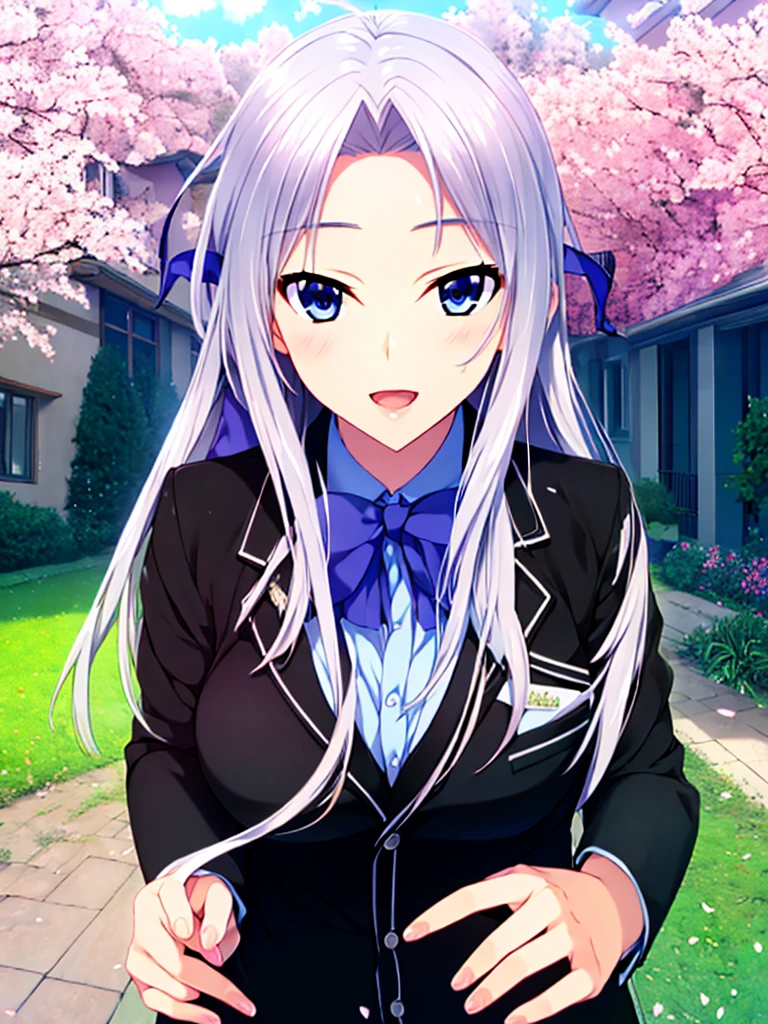 1 girl, (((((best quality, best detailed, ultra high resolution, extreme detailed))))), masterpiece, anime, anime screencap, solo, (((distant view))), country road lined with cherry blossom trees, looking at viewer, (((beautiful detailed face))), (((beautiful detailed eye))), (((beautiful body))), standing, cowboy shot:0.8, long black hair, ((parted bangs)), (((forehead hair))), blue eyes, kind smile, open mouth, blush, shiny skin, black blazer, winter school uniform, have a school bag, score_9, score_8_up, score_7_up, score_6_up
