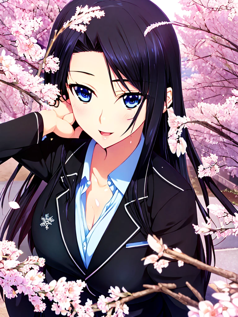 1 girl, (((((best quality, best detailed, ultra high resolution, extreme detailed))))), masterpiece, anime, anime screencap, solo, (((distant view))), country road lined with cherry blossom trees, looking at viewer, (((beautiful detailed face))), (((beautiful detailed eye))), (((beautiful body))), standing, cowboy shot:0.8, long black hair, ((parted bangs)), (((forehead hair))), blue eyes, kind smile, open mouth, blush, shiny skin, black blazer, winter school uniform, have a school bag, score_9, score_8_up, score_7_up, score_6_up
