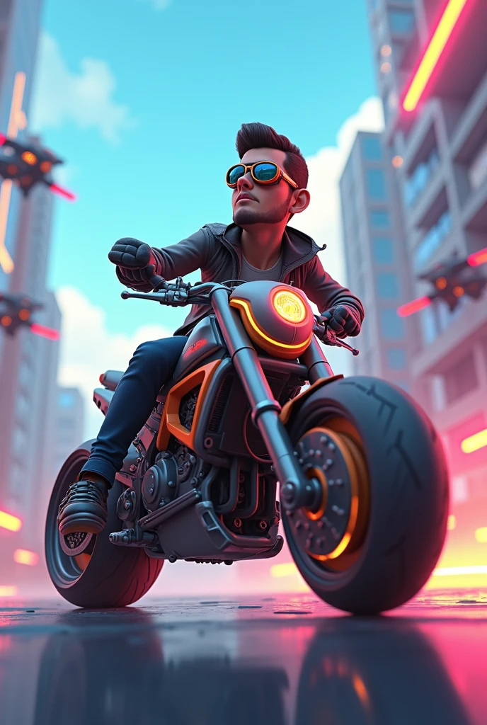Cyberpunk style Animation of a boy with name ROFI riding a big future motorcycle