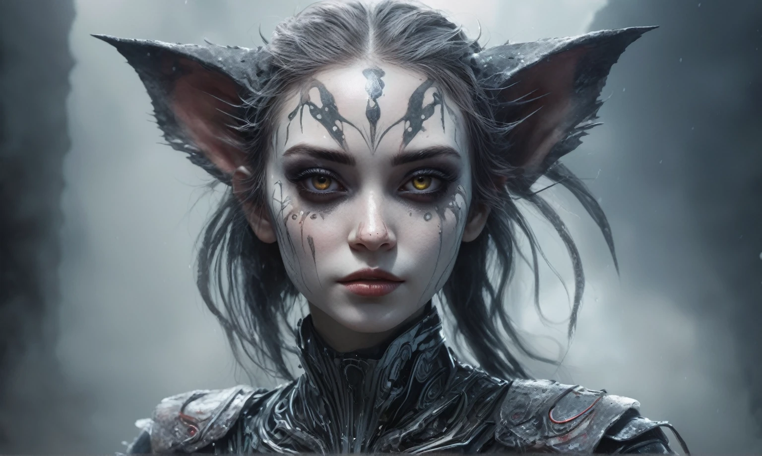 fking_scifi, award-winning photo portrait of a werecreature werewolf wolf, wearing a black and silver armor, forest swamp mangrove trees background, large head, intricate details