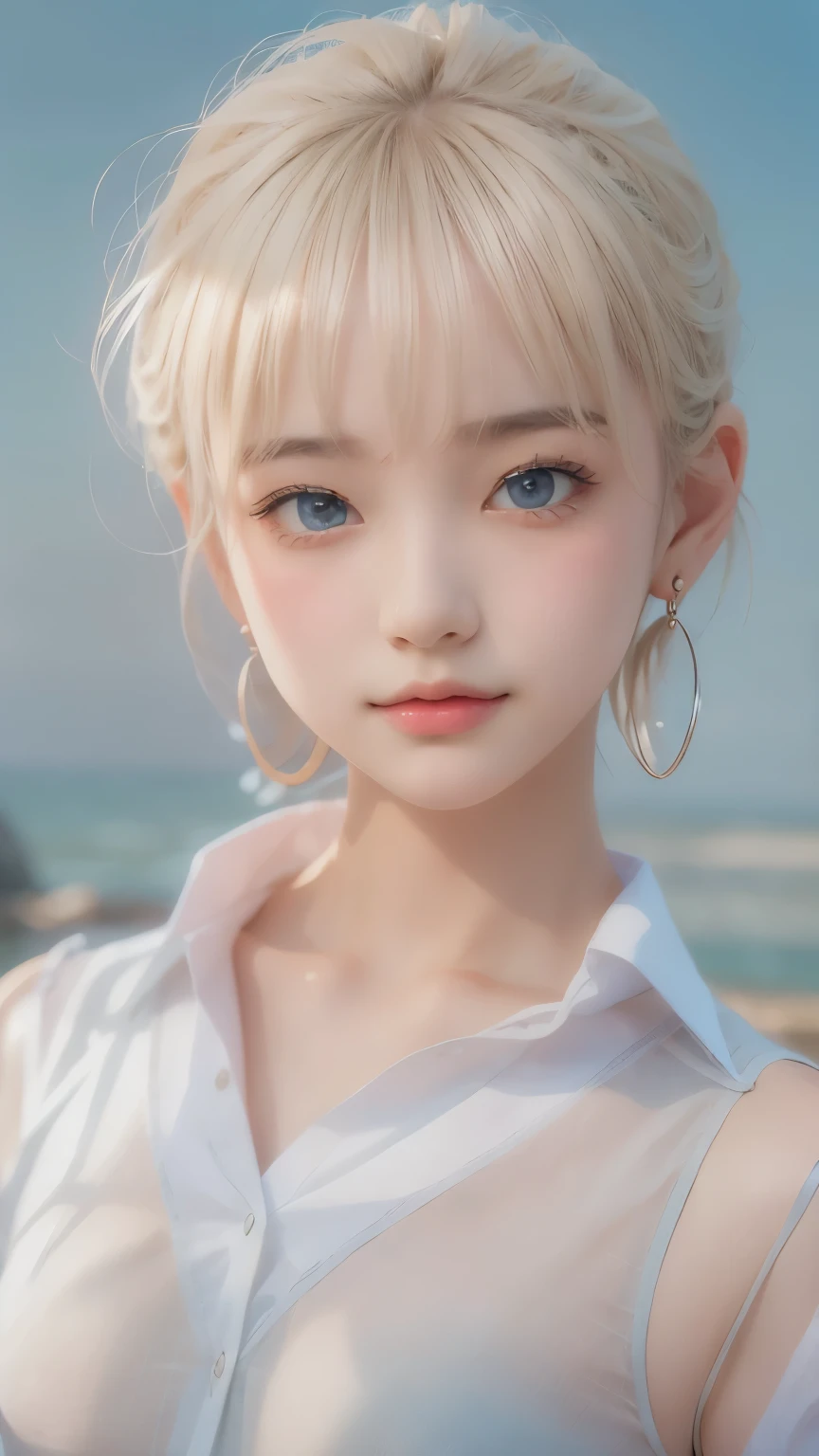 ((sfw: 1.4)), ((detailed face,  professional photography)), ((sfw, extra short hair, sidelocks-hair,  blond hair, Large, clear sky-blue eyes, earrings, 1 Girl)), Ultra High Resolution, (Realistic: 1.4), RAW Photo, Best Quality, (Photorealistic Stick), Focus, Soft Light, (()), (( (young face))), (surface), (depth of field), masterpiece, (realistic), woman, bangs, ((1 girl))