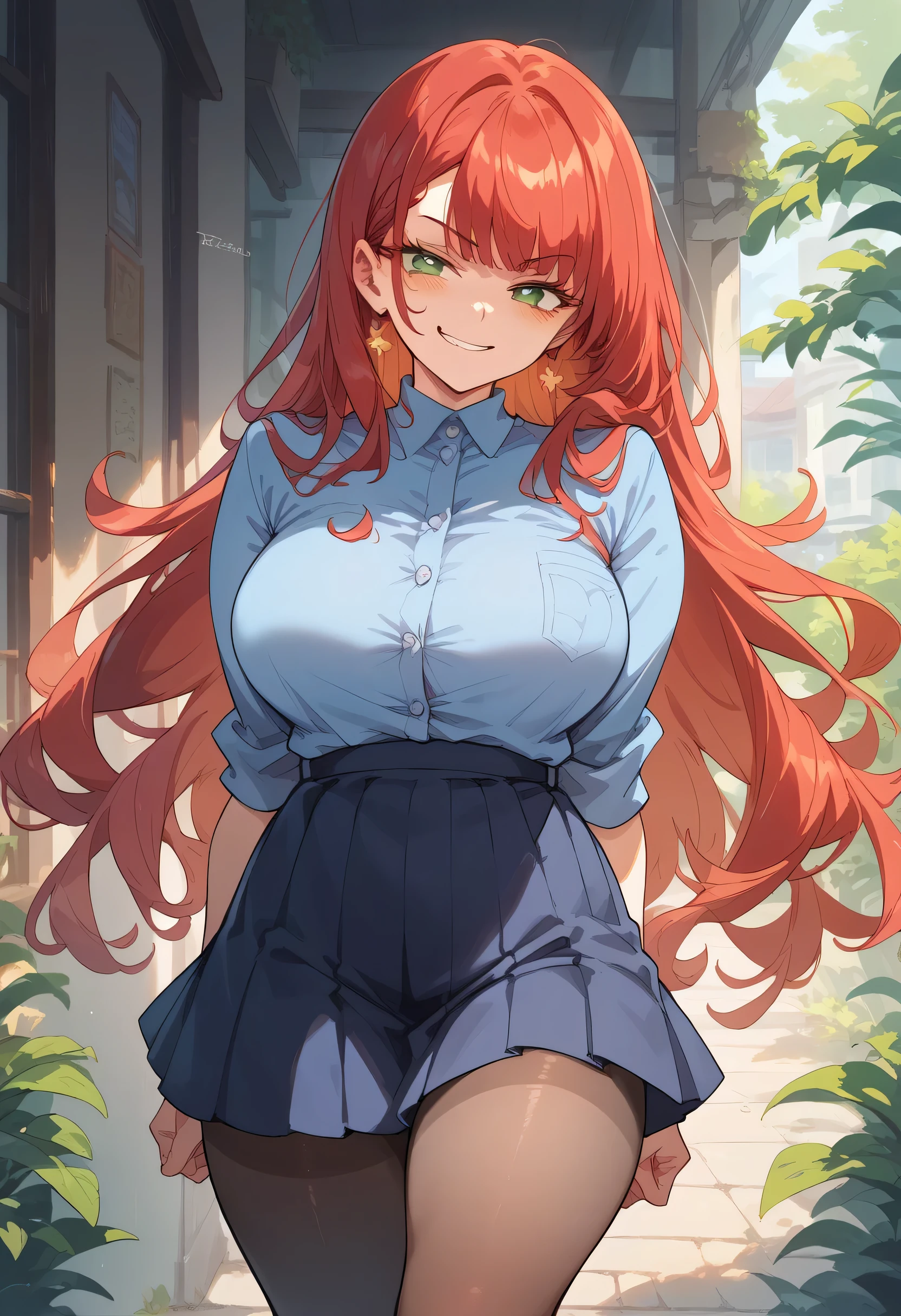 (masterpiece) best quality, heat-shaped face, perfect round green eyes, long red hair with orange tinted ends, blue shirt, wearing specticle, wearing dark violet box pleats skirt, pantyhose, big breasts, Thick thigs, smirking