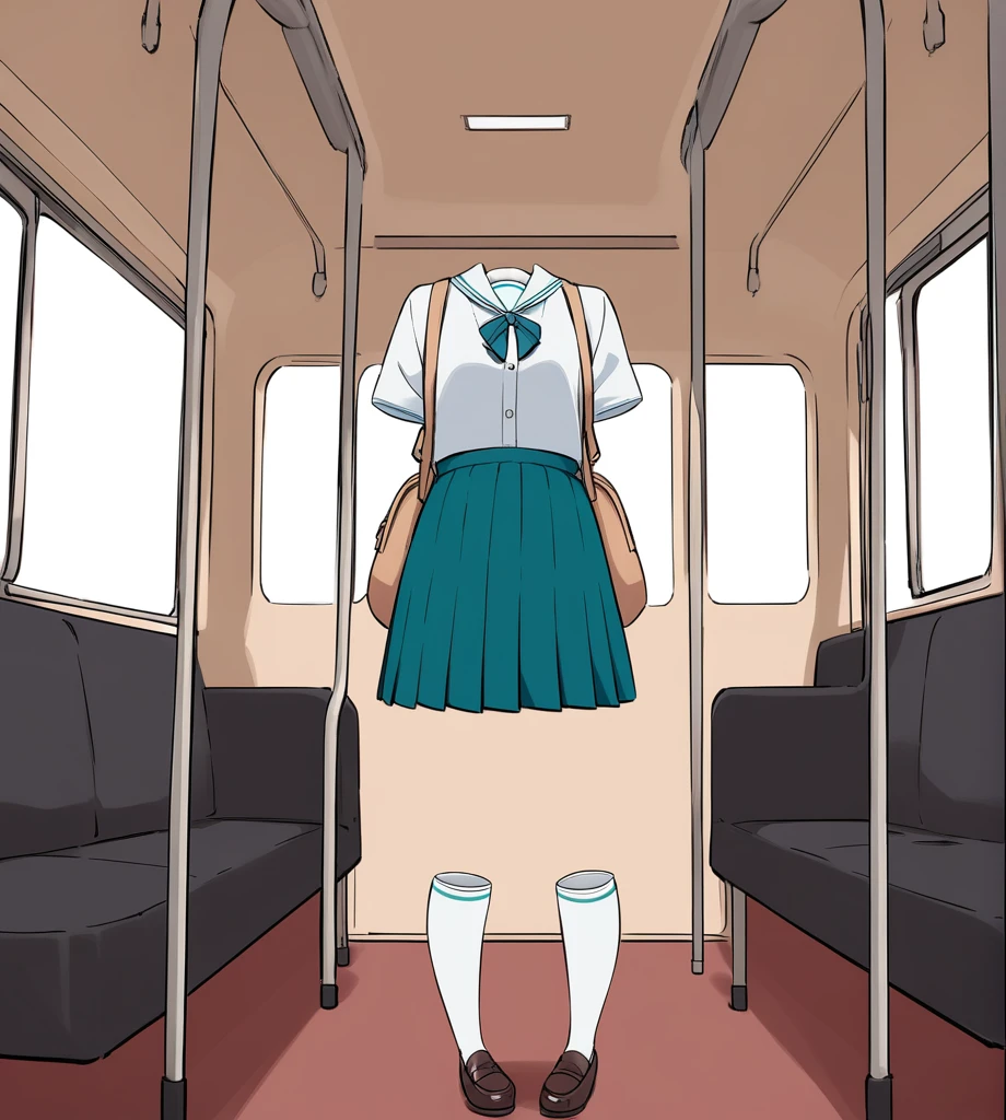 "A surreal scene inside a bus where a Japanese school uniform, complete with a pleated blue skirt, white sailor-style blouse with a blue neckerchief, and white knee-high socks, is floating as if worn by an invisible person. The shoes are neatly placed on the ground as if someone is standing, but the body is invisible. The background shows the interior of the bus with teal seats and handrails, and a beige backpack is placed on one of the seats."