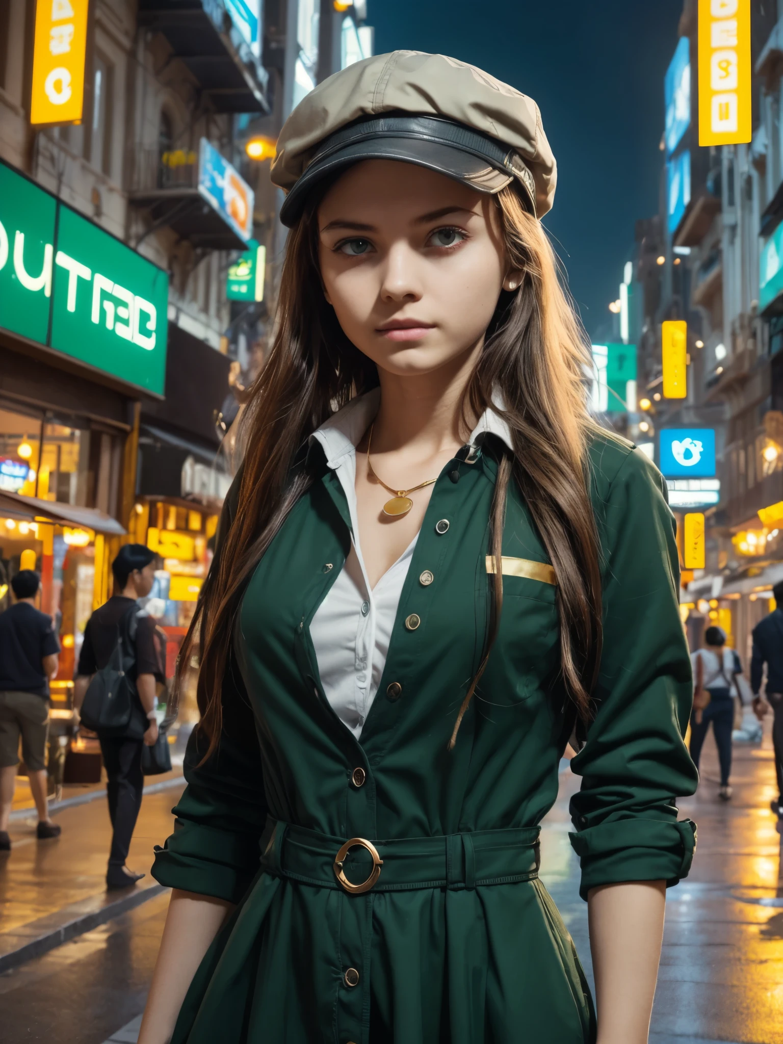 (best_quality, masterpiece:1.2), (highly detailed), (4k, 8k, uhd, high_resolution, highres), girl, jacket, newsboy cap, long hair, looking at viewer, (yo, cute:1.6), (breasts:1.2), ruched shirt, subtle necklace, dark stylish, striking alluring, black dress, cylinder architecture, multiple levels infrastructure, meticulously designed cityscape with lush green area, agricultural zones, advanced urban, space colony, space view, high dynamic range to balance the brightness and shadow, golden brilliant radiant glow, soft luminous light, ethereal glow, enhanced by wonder,