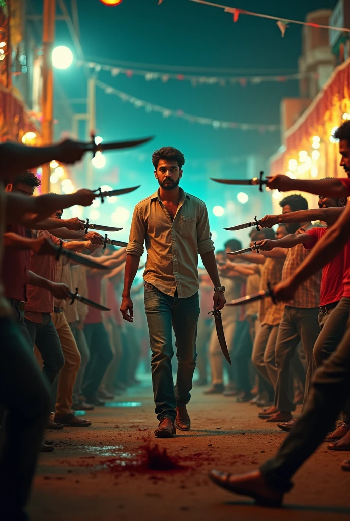 Main character:-actor ram charan with body with white shirt and black jeans and black shoes in his shirt blood drops are visible and listings music in wire earphone and with cill mood . And
Background:- in the glass place every were every where in was blood and dead body laying in the floor. Dead body are there in dim green lighting
Villains:- huge body builders more than 50 peoples with dangerous weapon and move the weapons towards main character and in full angry mood going to kill white shirt man and all body builders look him