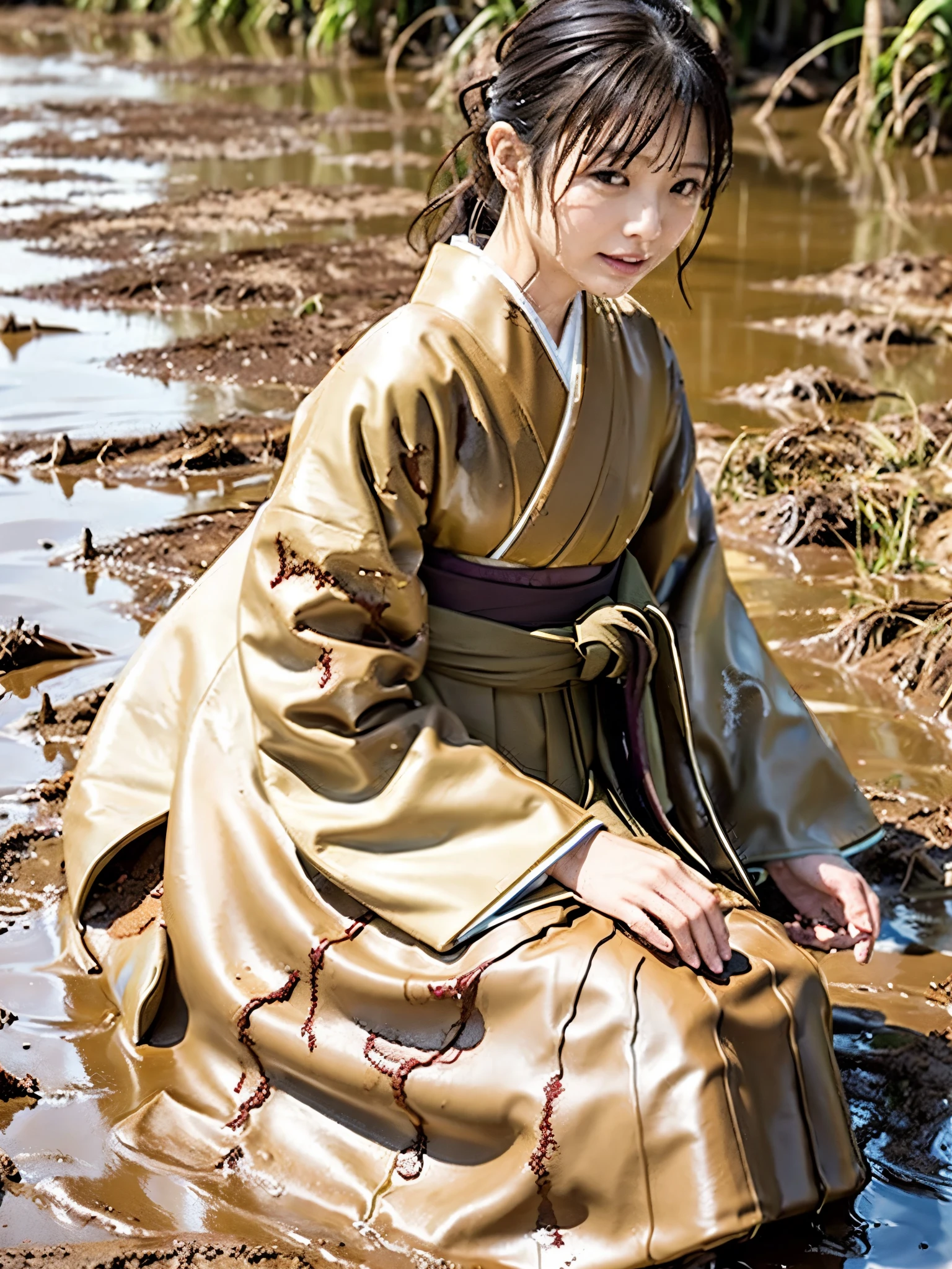 Realistic, hakama, kimono, woman, furisode, muddy clothes, soaked in muddy water, buried in mud, woman soaked in muddy water, woman soaked in mud, lying in mud