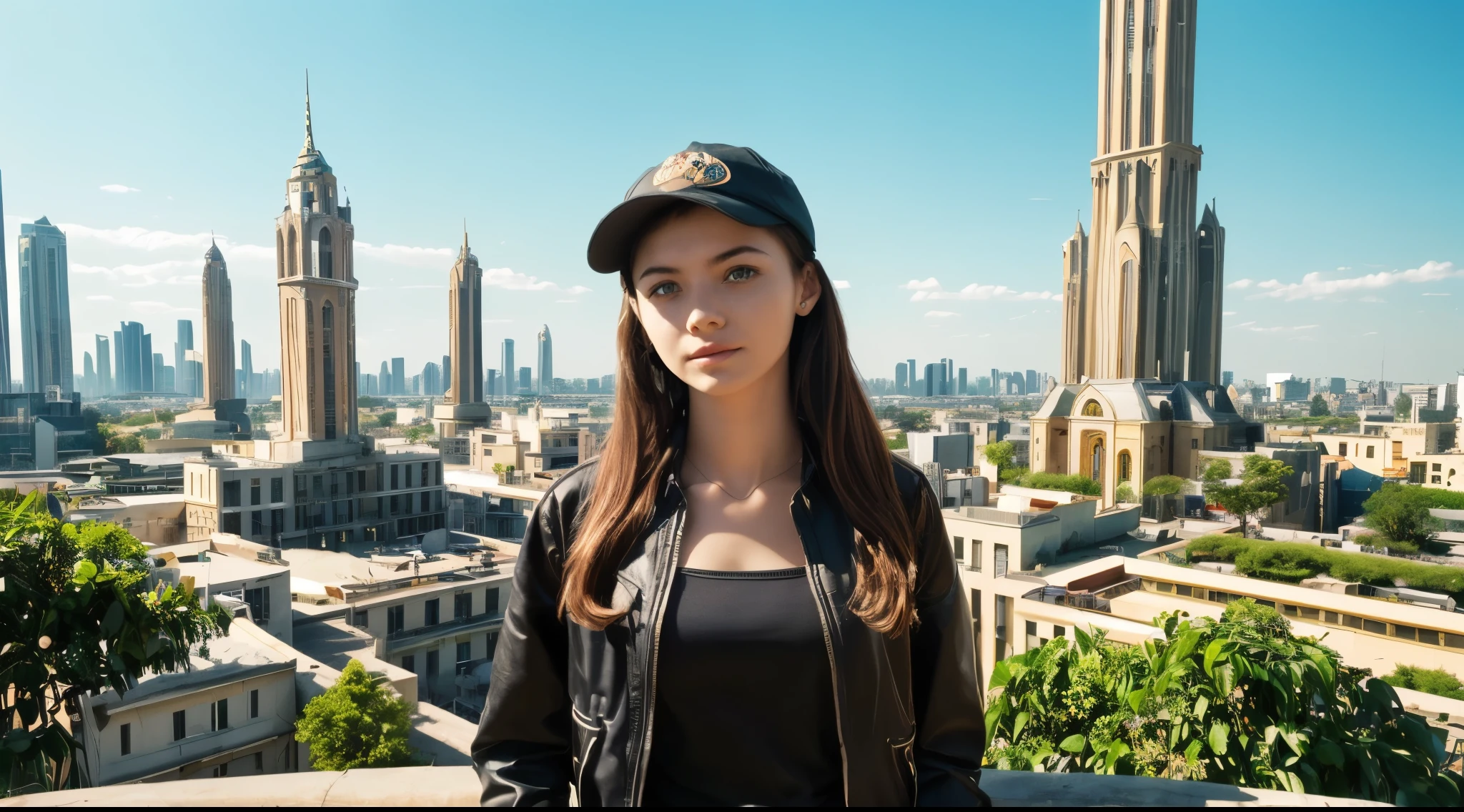 (best_quality, masterpiece:1.2), (highly detailed), (4k, 8k, uhd, high_resolution, highres), girl, jacket, newsboy cap, long hair, looking at viewer, (yo, cute:1.6), (breasts:1.2), ruched shirt, subtle necklace, dark stylish, striking alluring, black dress, cylinder architecture, multiple levels infrastructure, meticulously designed cityscape with lush green area, agricultural zones, advanced urban, space colony, space view, high dynamic range to balance the brightness and shadow, golden brilliant radiant glow, soft luminous light, ethereal glow, enhanced by wonder,