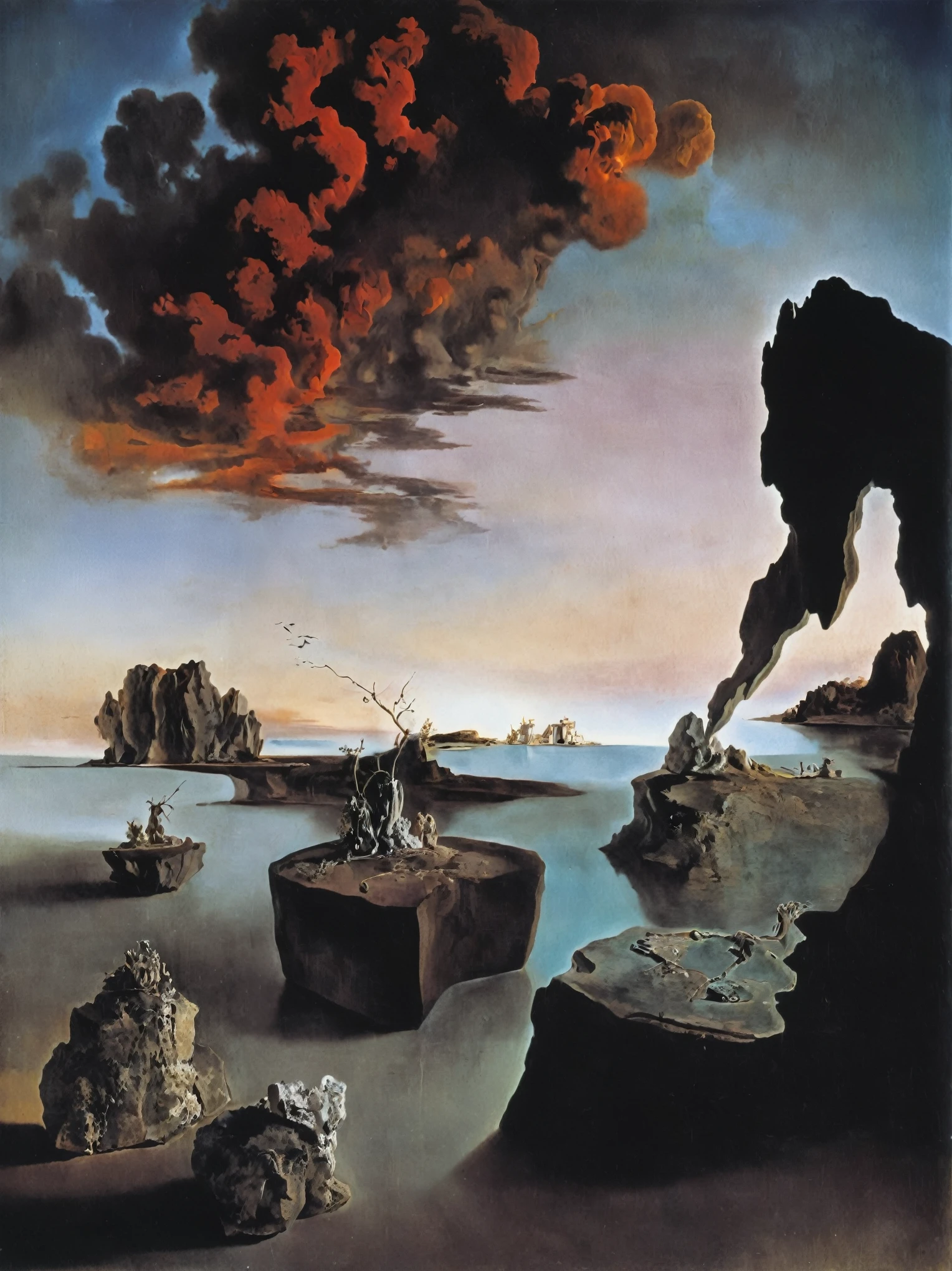 Flow of time by Salvador Dali,Magic,(style of Jean-Antoine Watteau):0.1.    The image depicts a surreal landscape with two large stone formations on either side of a body of water, under a dark sky, with a hint of a sunset. painting of  calm water in front of a rock formations. The sky is cloudy.