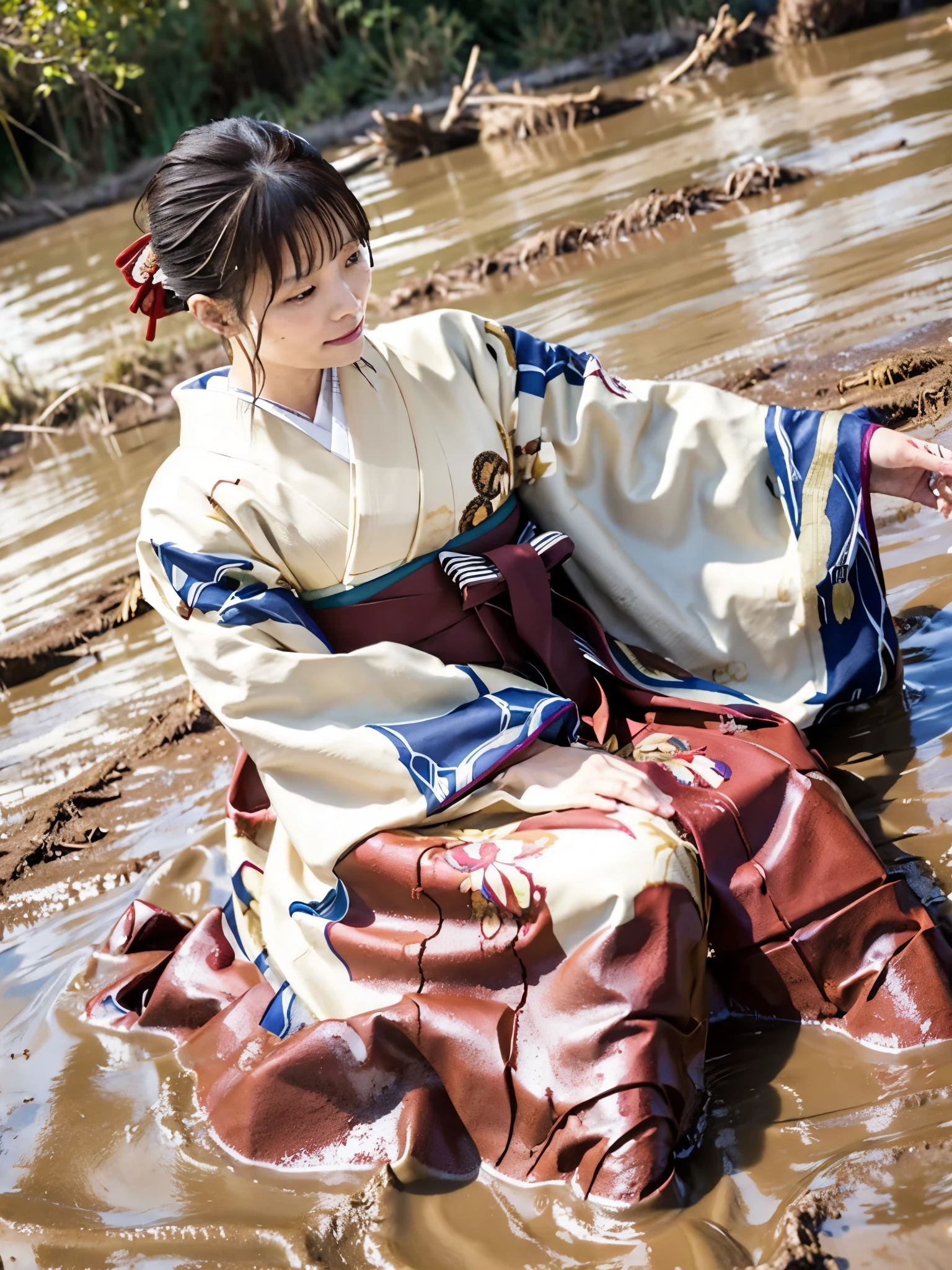 Realistic, hakama, kimono, woman, furisode, muddy clothes, soaked in muddy water, buried in mud, woman soaked in muddy water, woman soaked in mud, lying in mud