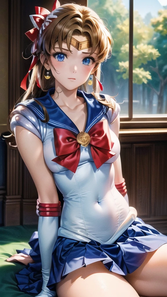 (((masterpiece))), (((High resolution)))、(((8K quality)))、(((Perfect Face)))、 , Looking into the camera, ((Highest quality eyes)), (Detailed face), (Detailed Texture), Sailor Moon Cosplay Set、One Girl, alone, High resolution, Anatomically correct, 最high quality, (((Please draw the whole body)))、White long gloves、One Girl, alone, High resolution, Anatomically correct, 最high quality, High resolution, masterpiece, high quality, Very detailed, Textured skin, 超High resolution, waterfall、The Forest、(((Red ribbon、Blue Skirt)))、Sitting down