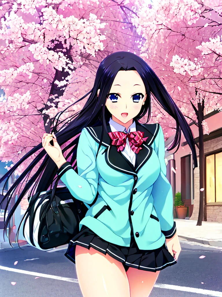 1 girl, (((((ultra-quality, ultra-detailed, ultra high resolution, ultra-delicate, extreme-detailed))))), masterpiece, anime, anime screencap, solo, (((distant view))), country road lined with cherry blossom trees, looking at viewer, (((beautiful detailed face))), (((beautiful detailed eye))), (((beautiful body))), standing, cowboy shot:0.8, long black hair, ((parted bangs)), (((forehead hair))), blue eyes, kind smile, open mouth, blush, shiny skin, black blazer, winter school uniform, black skirt, have a school bag, 8k
